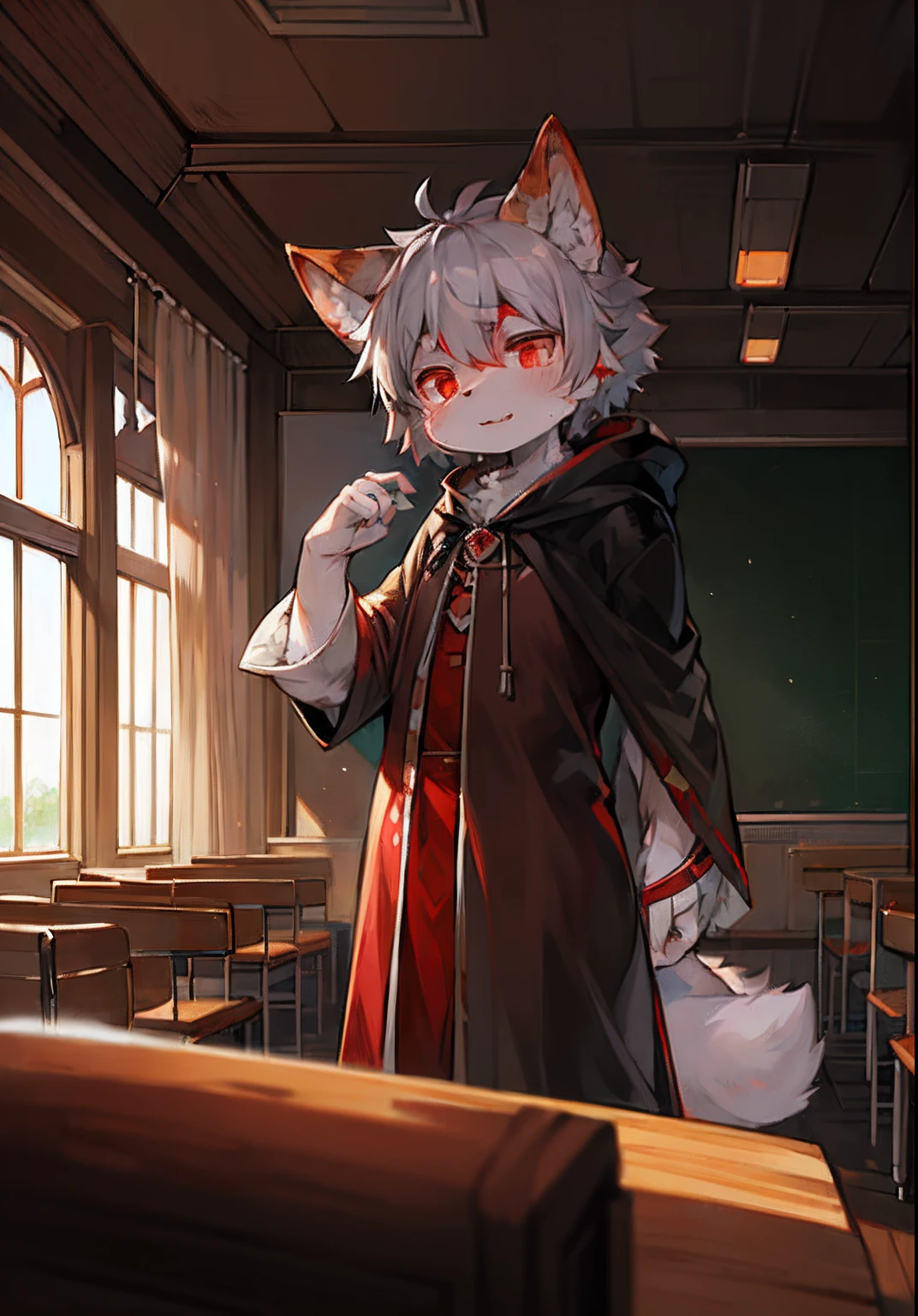 (ambiente dark:0.8),masterpiece,high quality,abstract res,digital painting\(artwork\), by dagasi, yupa,kiyosan,(anthro,fluffy fur,character focus:1.1),anthro male cat,short hair,portrait , eyes with brightness, in a panoramic view, Character focus.(detailedbackground:0.7), 独奏, shaggy, shaggy male, malefocus, anthr,(Full Body Furry, Fluffy tail, White fur, red color eyes, Gray hair:1.2), (long canines、Vampires、cloaks：1.2），（interiors、early evening、‎Classroom、classroom desk：1.1）