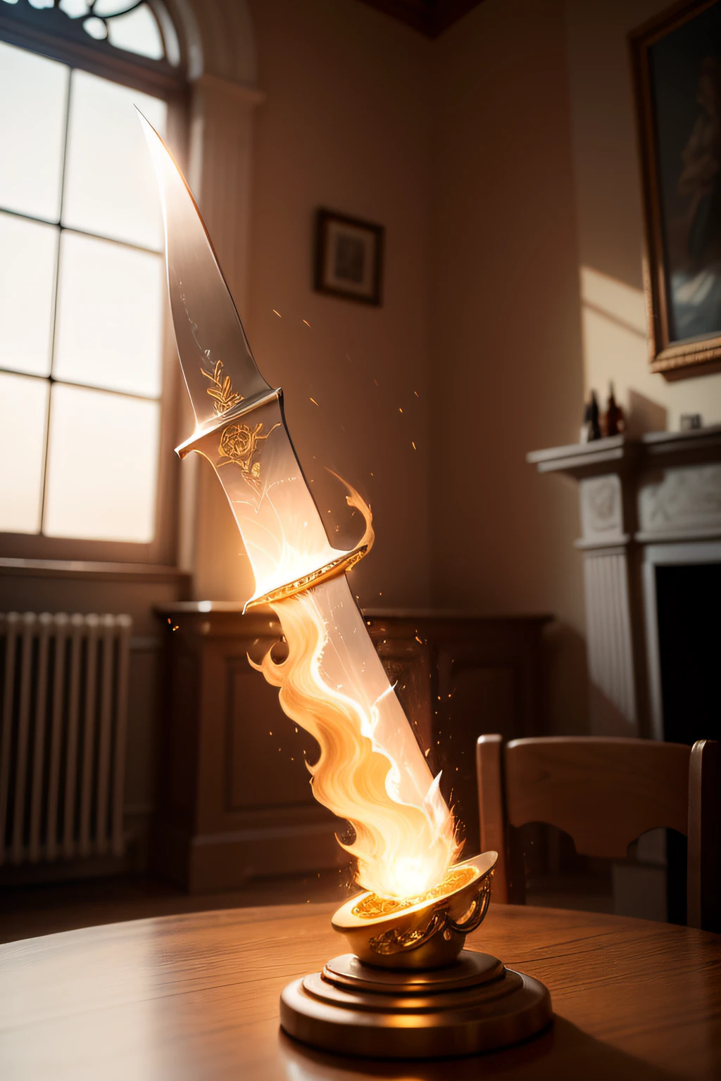 A beautifully detailed image of an enchanted sword lying on a table, glowing with magical energy. The blade, gleaming with a soft, warm light, curves and twists as it stretches from hand to hand, creating a mesmerizing, ethereal trail of swirling flames. The surrounding room is bathed in a warm, golden light, casting a warm glow on the item. macro lens, golden hour, soft lighting