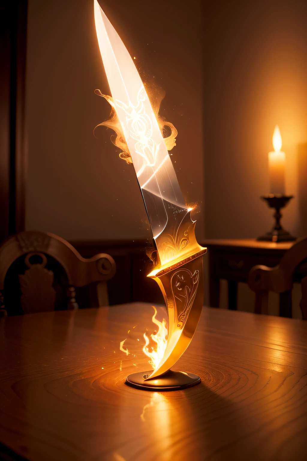 A beautifully detailed image of an enchanted sword lying on a table, glowing with magical energy. The blade, gleaming with a soft, warm light, curves and twists as it stretches from hand to hand, creating a mesmerizing, ethereal trail of swirling flames. The surrounding room is bathed in a warm, golden light, casting a warm glow on the item. macro lens, golden hour, soft lighting