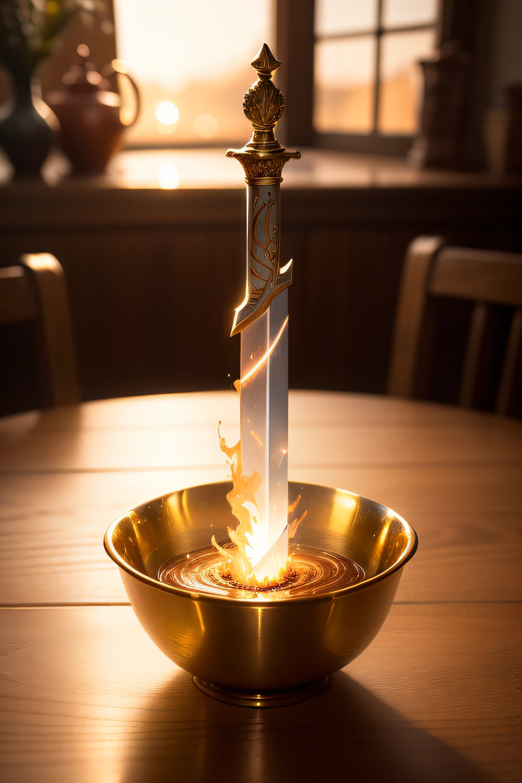 A beautifully detailed image of an enchanted sword lying on a table, glowing with magical energy. The blade, gleaming with a soft, warm light, curves and twists as it stretches from hand to hand, creating a mesmerizing, ethereal trail of swirling flames. The surrounding room is bathed in a warm, golden light, casting a warm glow on the item. macro lens, golden hour, soft lighting