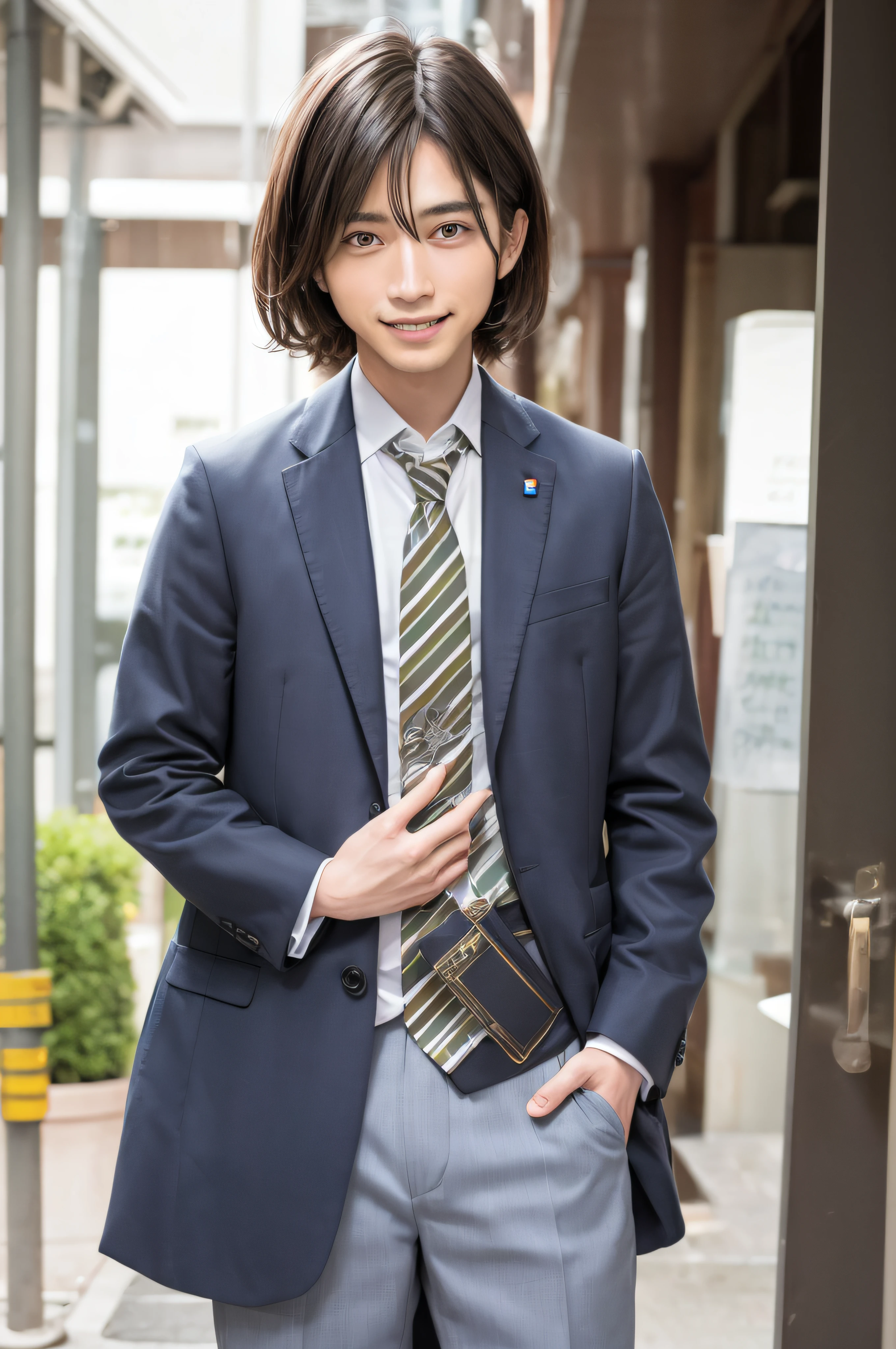japanes、Handsome men、30-years old、One happy young Japan businessman president、A very attractive businessman, Elegant attire and hall々Stand with your arms crossed with a smile on your face、top-quality、masterpiece、Photo Real、超A high resolution、the background is blurred、Big smile、Latest fashionable suits 、Medium Hair、Super cool、twinks、Nice perfect face with soft skin、8K、A hyper-realistic、