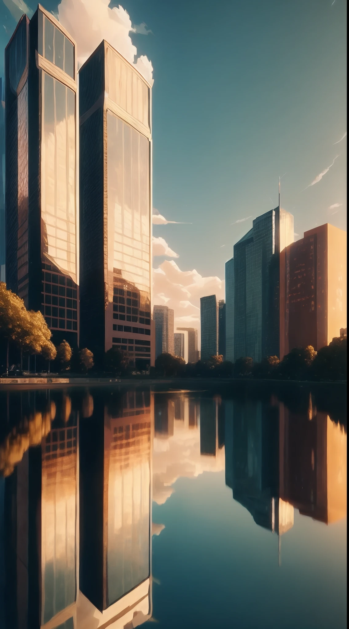 buildings are reflected in the water of a lake in a city, city reflection, Reflections of the City, 3 d render bipe, inspirado em Beeple, cinematic beeple, belos reflexos rtx, Cinematic light and reflections, bela paisagem urbana, high buildings, bipe de recuo, bipe |, realismo | bipe