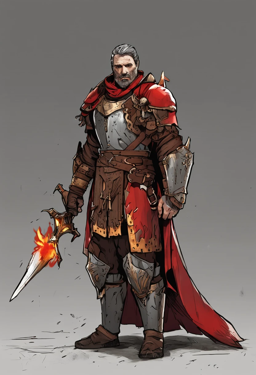 a medieval male Royal king , a big firey scar on the left side of the face, one red eye, one black eye, small gray iron sholder pads, red clothes with clothes under neath light yellow for the arms short dark brown hair and burned away on the left side and without armour instead of blocky a humanbeing no gear no armour red and yellow clothes with the face burned away only iron sholder pads and no chestplate with a huge scar on its face, a small beard with red clothes and light yellow for the arms sitting on a throne