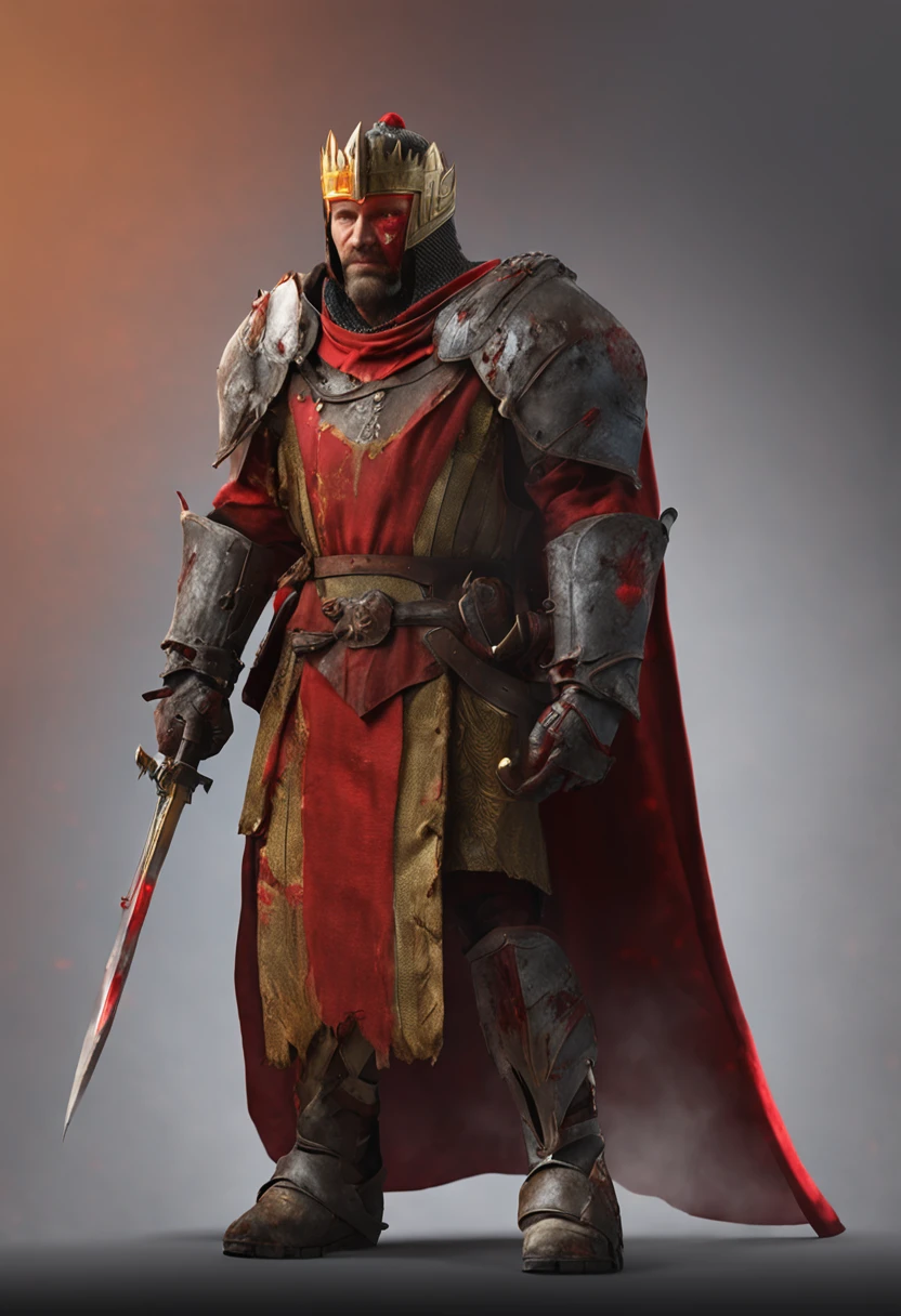 a medieval male Royal king , a big firey scar on the left side of the face, one red eye, one black eye, small gray iron sholder pads, red clothes with clothes under neath light yellow for the arms short dark brown hair and burned away on the left side and without armour instead of blocky a humanbeing no gear no armour red and yellow clothes with the face burned away only iron sholder pads and no chestplate with a huge scar on its face, a small beard with red clothes and light yellow for the arms sitting on a throne