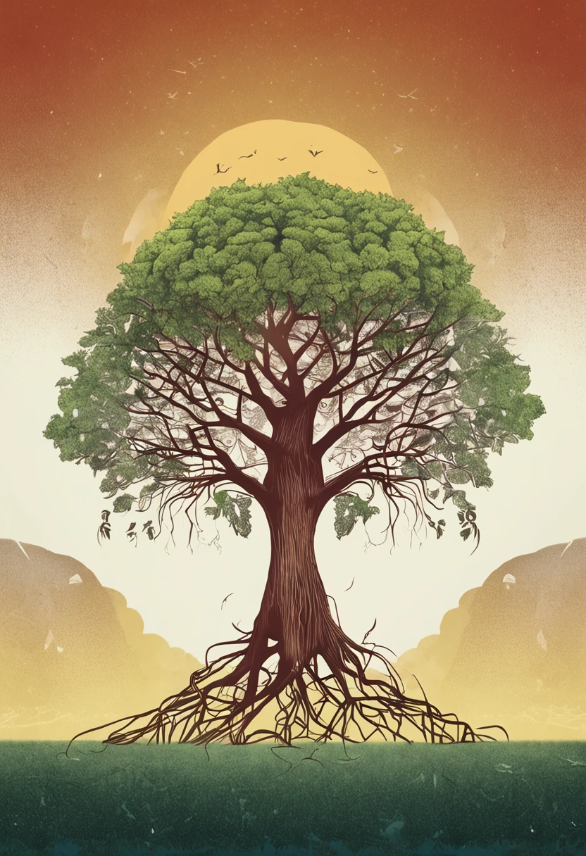 A sprouting seed on the left side of the frame, bursting with potential and hope. On the right side, a majestic and tall tree stands with its roots intricately depicted in the soil, symbolizing strength and resilience. The composition is set against a transparent white background, allowing the focus to remain on the subjects. Above the image, the words 'Knowledge and Action in Unity' are written, emphasizing the powerful combination of knowledge and proactive efforts.