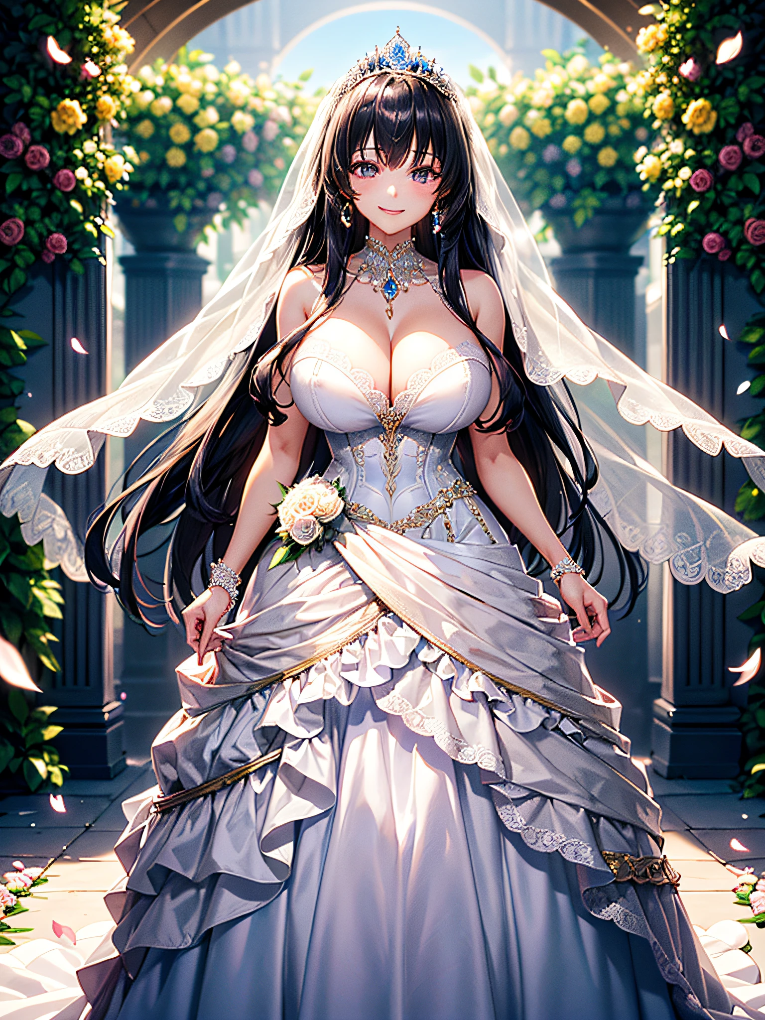 (masterpiece, best quality:1.2),1girl, (solo), cute, kawaii,digital art,((1 arrogant queen wearing gorgeous princess ballgown jeweled wedding dress with voluminous full length hoop skirt)),crinoline,((gorgeous embroidery and beautiful lace)),(very gigantic boobs,cleavage,skindentation),((shiny hair,Bangs between eyes,voluminous straight hair,extremely Long straight Hair)),black hair,finely detailed face and eyes,Purple eyes,((haughty smile)),arrogant facial expression,haughty facial expression,extremely gorgeousfull jeweled tiara,(bling-bling gorgeous gemstone jewelry),long wedding veil,((standing in beautiful garden)),flowers,flower petals flowing,((gorgeous jeweled princess ballgown wedding dress with voluminous full length hoop skirt))