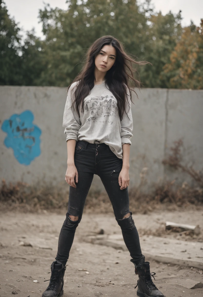 analog film photo 1 girl, Slim and svelte with a slender waist and hips, Posing with hands in pockets for a casual stance , black Black hair , messy hair, long hair blowing in the wind, thin, small breasts, Oversized flannel shirt, ripped fishnet stockings, combat boots. , Graffiti-covered urban skate parks . faded film, desaturated, 35mm photo, grainy, vignette, vintage, Kodachrome, Lomography, stained, highly detailed, found footage