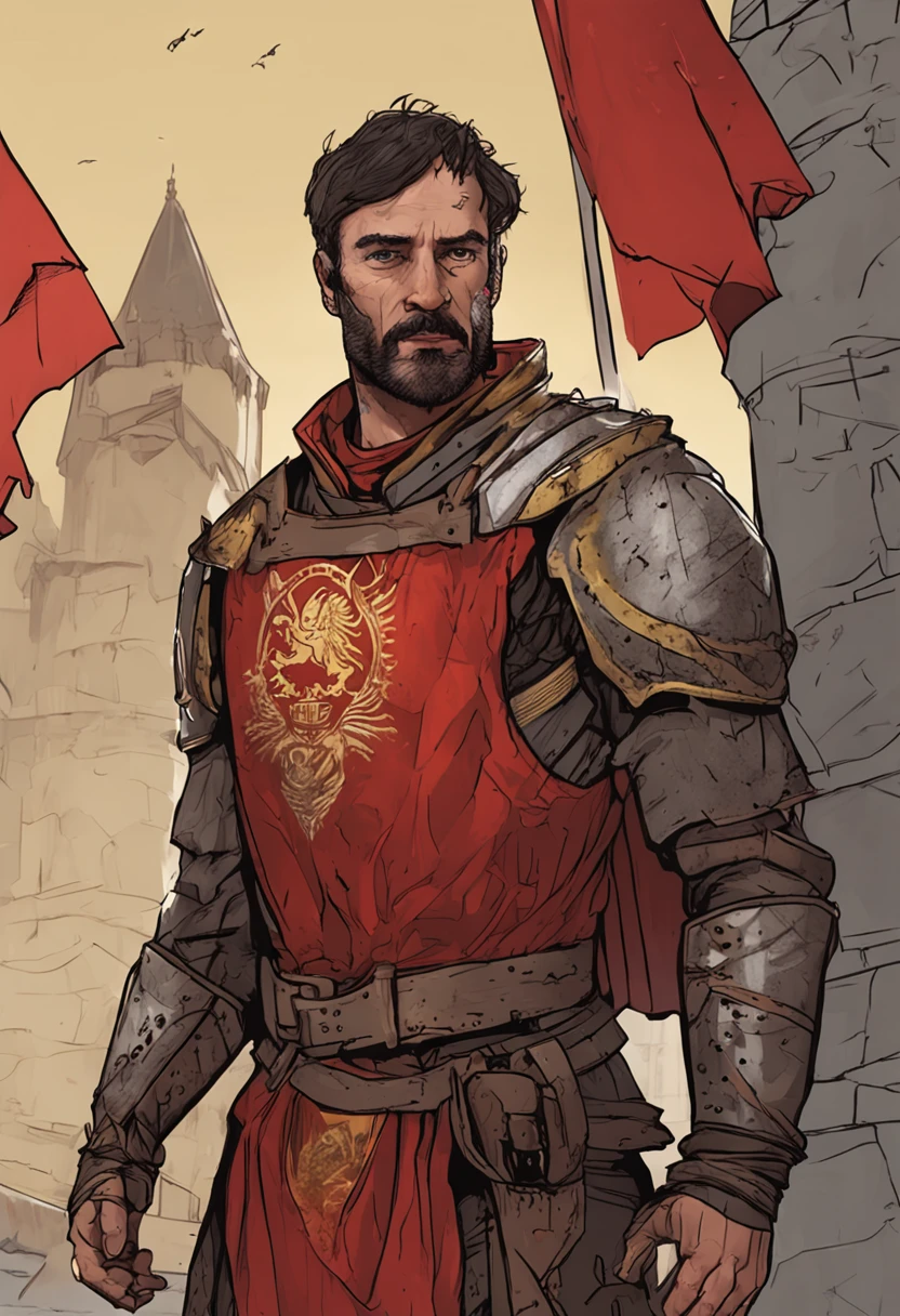 a medieval male Royal king , a big firey scar on the left side of the face, one red eye, one black eye, small gray iron sholder pads, red clothes with clothes under neath light yellow for the arms short dark brown hair and burned away on the left side and without armour instead of blocky a humanbeing no gear no armour red and yellow clothes with the face burned away only iron sholder pads and no chestplate with a huge scar on its face, a small beard with red clothes and light yellow for the arms sitting on a throne
