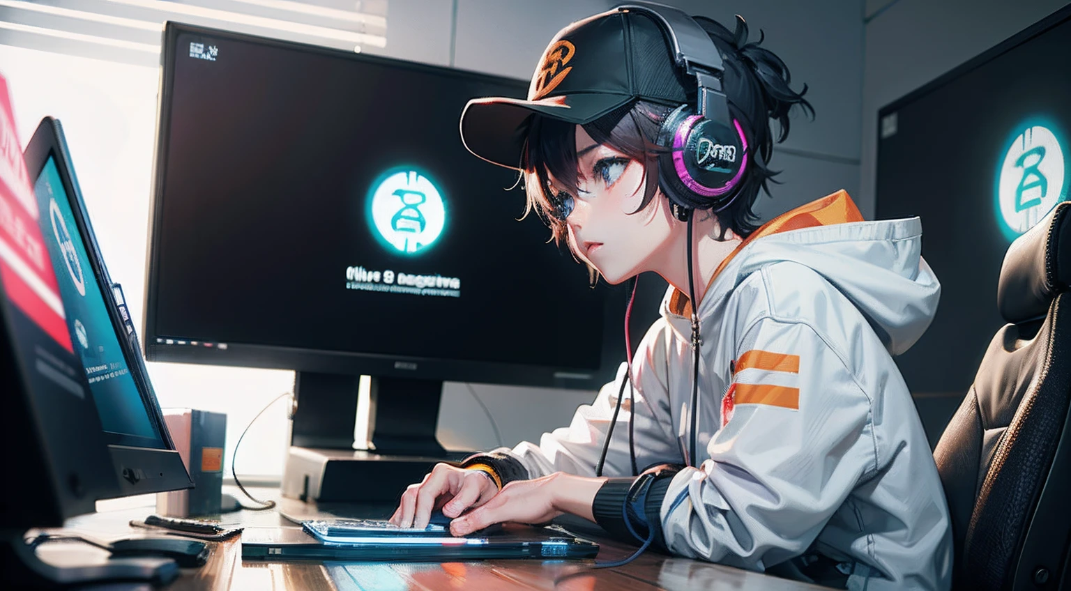 There's a young man sitting at a desk with a laptop and headphones, badass anime 8 k, estilo anime 4K, arte anime de alta qualidade, estilo anime. 8k, arte de anime digital, Papel de parede anime 4k, fanart de alta qualidade, Digital anime illustration, arte digital estilo anime, Arte no estilo de Guweiz, arte digital do anime cyberpunk