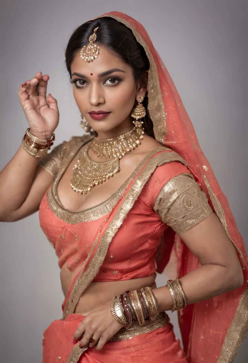 Modo de moda feminina indiana de Bollywood,Brown skin,Sari vestida,Happy expression on face, extremely realistic, 8k, detalhes insanos, detalhes intrincados, cinematic color graded, quente sexy, Peitos grandes clivagem profunda, na cama pose sexy, estilo doggy na cama do quarto