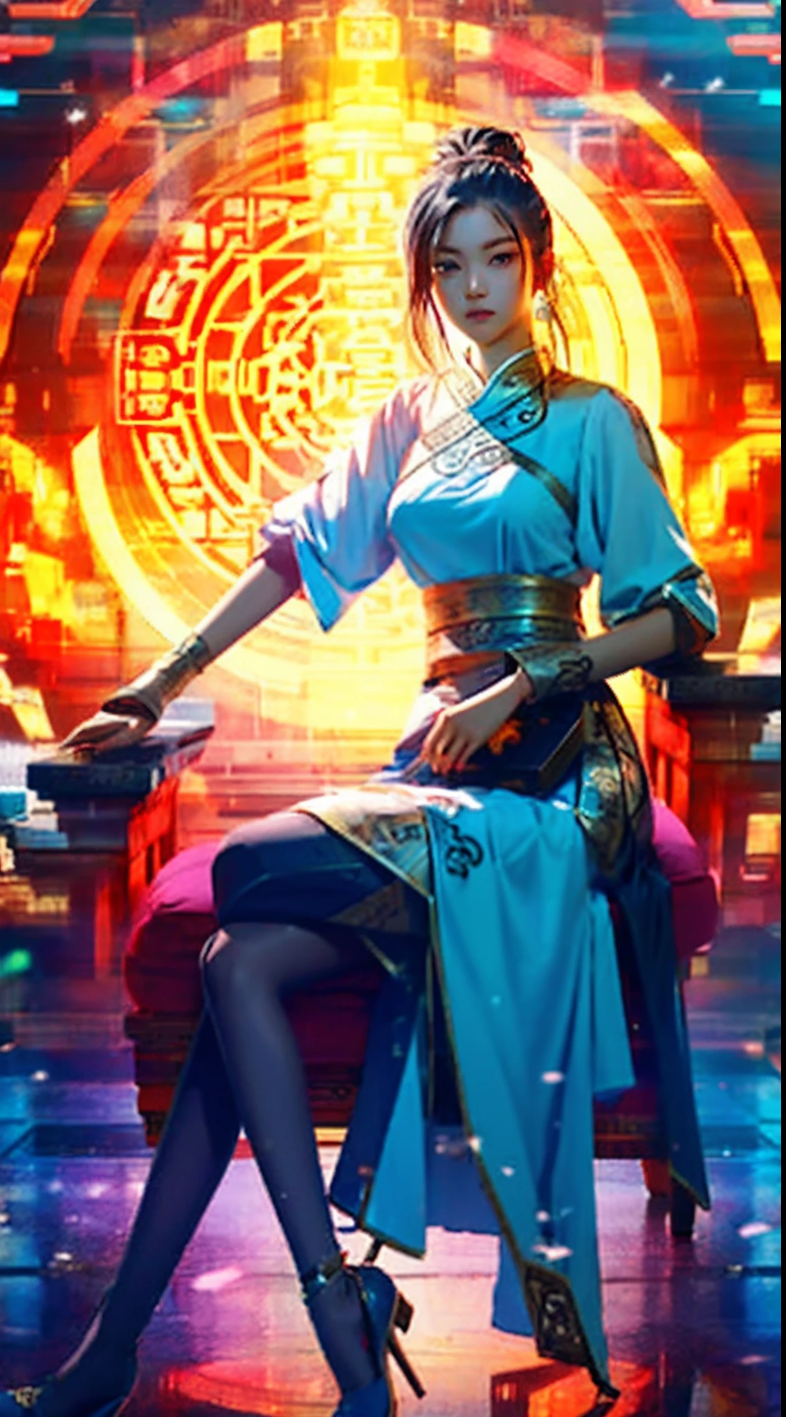 muscular boy, masculine face, wild, masculine, valiant, handsome, rugged, hoodie, modern chinese traditional costume, fusion of ancient Chinese and modern, king of rappers, pectoral muscles, abs, cool atmosphere, sitting, solid posture, fashionista, stylish, colorful, individual, luxurious, Cantonese, singing, dancing, sky with stars shining like dreams, Book of quiet nights, starry sky blooming brightly, border between whispering dreams and confusion, Cantonese pride, yellow and blue clothes