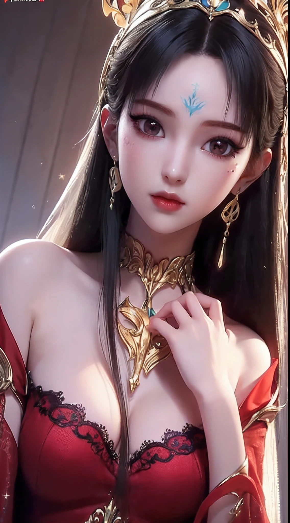 A girl from a magical world, wearing a thin, ((sexy red nightgown with black lace trim: 1.2)), deep slit shirt, long and silky black hair, the most beautiful and detailed hair jewelry, beautiful little face thin eyebrows, the most beautiful and spotless face, ((black iris:0.8)), the very beautiful eyes, big round eyes, ((purple color eyes:1.1)), fine and detailed makeup eyelashes, high nose, wearing earrings, small red lips, rosy face, clean face, beautiful face without blemish, smooth white skin, (((big breasts: 1.5))), (((perky breasts:1.9))), ((breast augmentation: 1.8)), beautiful breasts, slim and petite body, ((thin waist: 0.9)), sexy girl, skirt, 8k photo, super high quality, super realistic, 10x super pixels, photo realistic, dark studio, border light, two tone light, (detailed skin high: 1.2), 8k uhd, dslr, soft light, high quality, volumetric light, candid, Photo, high resolution, light, best photo, 4k quality, 8k, Bokeh, Smooth and sharp, pixel up 10 times, (background space: 1.8), (galaxy: 1.7), aurora, lightning, super graphics, the most realistic graphics,(Aurora Background: 1.8), alone, solo, upper body, portrait 9:16, Extremely sharp, super realistic images,