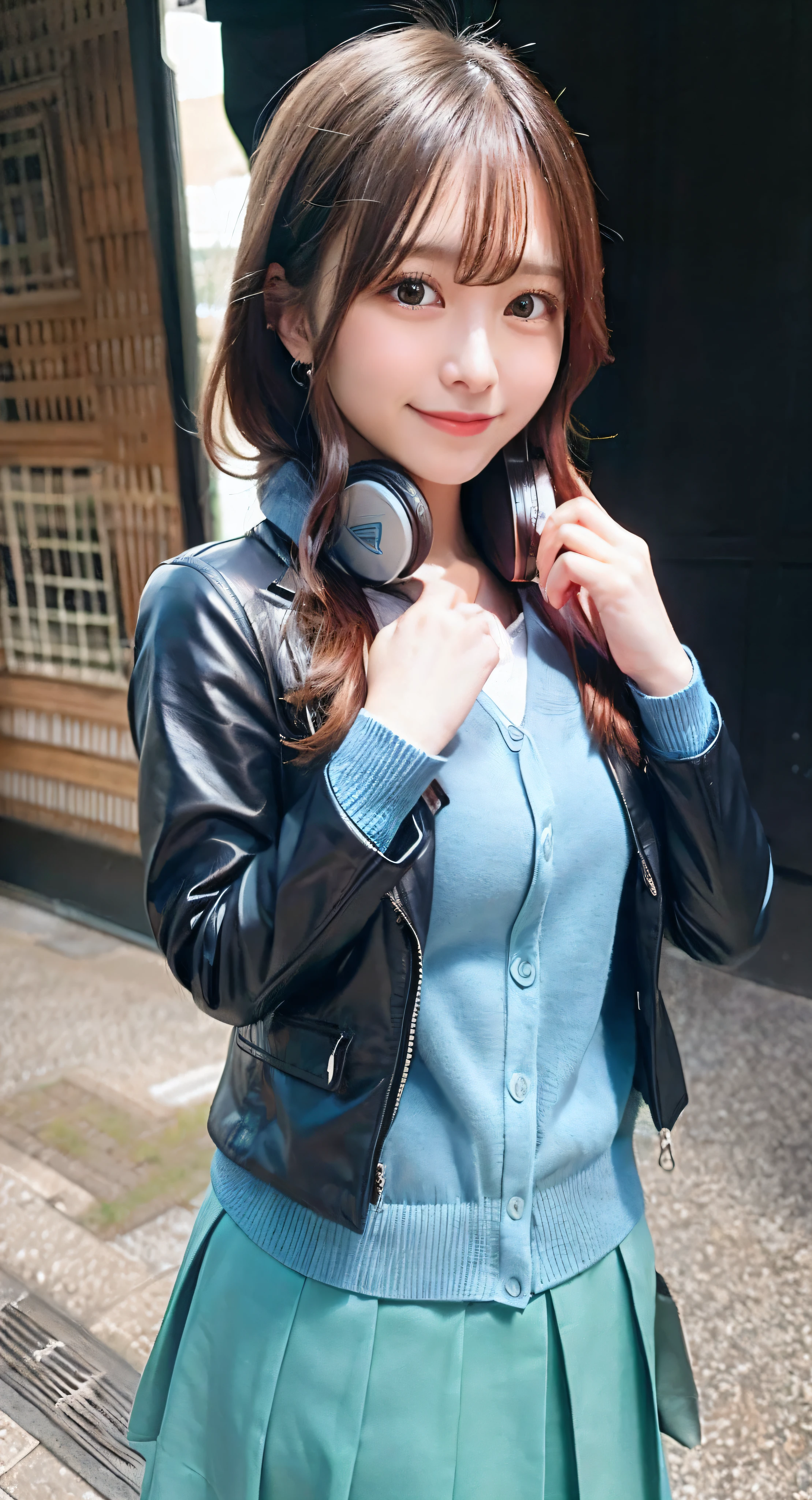 masterpiece, top-quality, Hi-Res, NM1, Headphones around the neck, 校服, long-sleeve, Blue cardigan, Green skirt, panthyhose, Black jacket, Open jacket, cowboy shot, is standing,Fold your hands behind your back、A smile