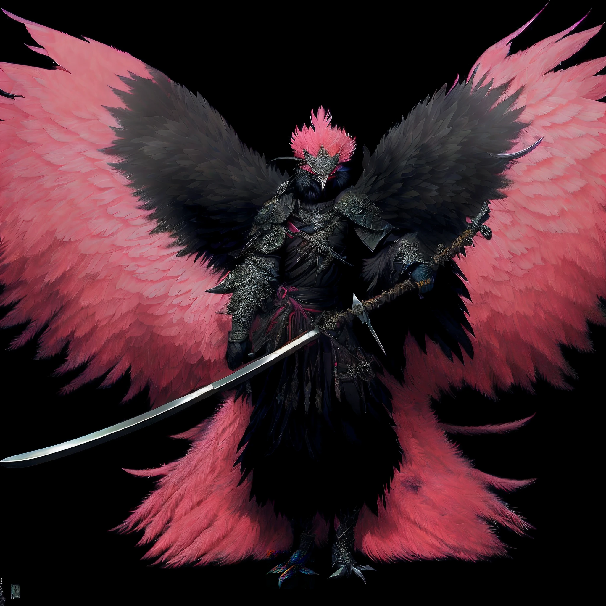 Imagem de um homem vestido com uma roupa preta e rosa segurando uma espada, black aarakocra eagle warlord, avian warrior, anthropomorphic raven knight, asas de penas escuras, Arqueiro alado, Modelos de Yasuke 5 0 0 px, as a badass monster hunter, Final Fantasy Conceito de Arte, black wings instead of arms, asas enormes de penas