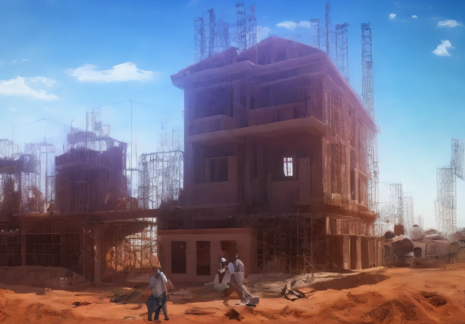 house under construction, brick and concrete wall, realistic builder, gradient,street, tree best quality, construction workers are working on a house under construction, more worker, realistic worker