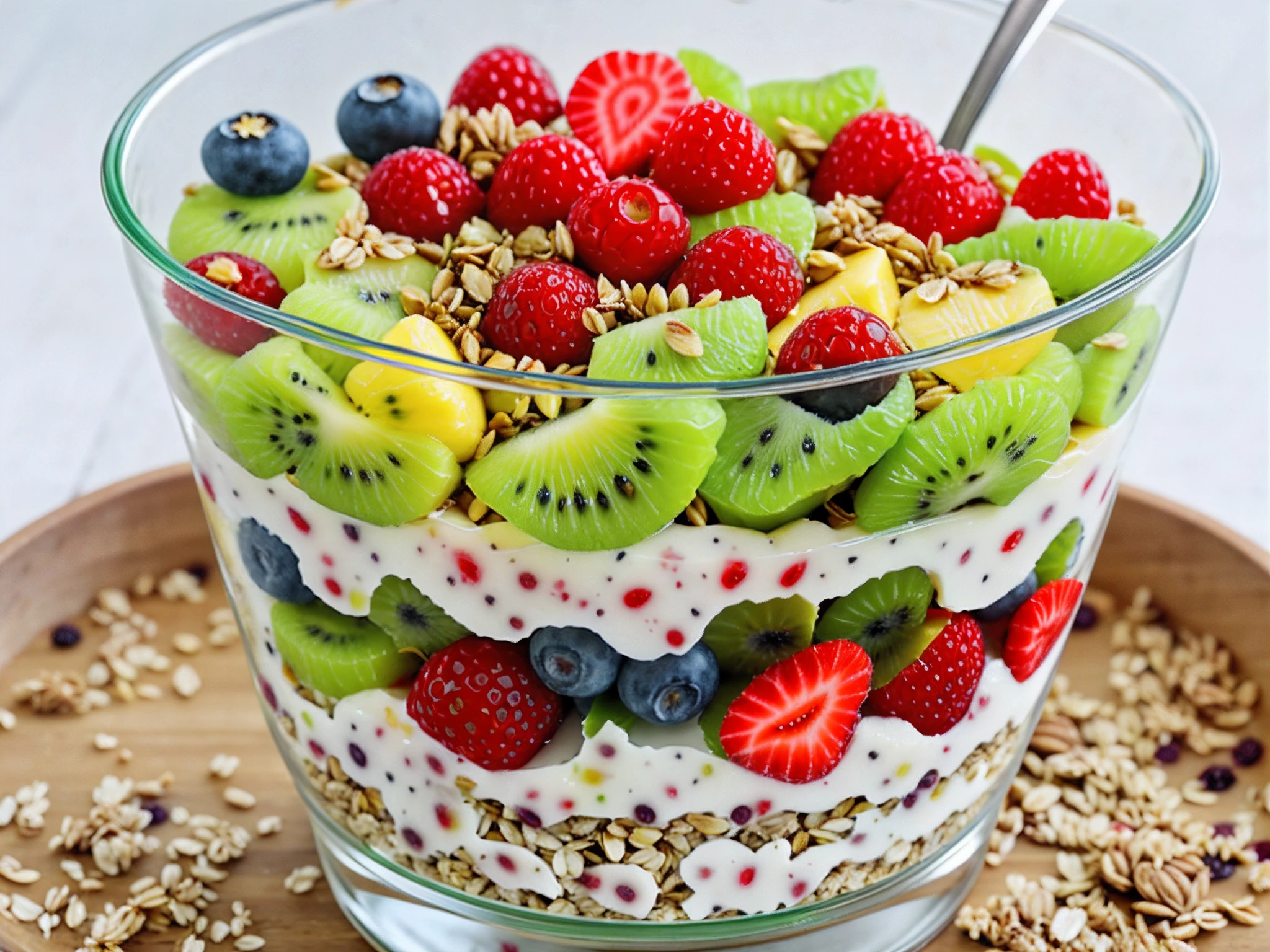 Clear! Here is a visual description of the Yogurt and Fruit Parfait recipe:

A transparent large salad bowl reveals layers of vibrant colors. At the base is a thick layer of natural low-fat yogurt, with a creamy tone. On top of the yogurt, there is a variety of chopped fresh fruits, such as bright red strawberries, juicy purple blueberries, and pieces of vibrant green kiwi. These fruits add a touch of freshness and an explosion of colors to the dessert. Top surface of fruits drizzled with thick translucent glaze of honey and lemon mix.  Rim of class coated with light pink sugar glaze. A tablespoon of granola with no added sugar is gently spread over glazed fruits, adding crunch and texture. Finally, small chia seeds are sprinkled over the granola, adding a touch of visual contrast. At the top of the glass, you can see the combination of colorful layers, creating an attractive, balanced and delicious dessert. Cinematic shot, canon dslr, close-up.