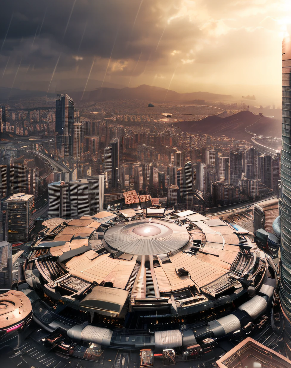 ((masterpiece, best quality)), 8k, modern architecture style, photo realistic, hyper detailed photo, clean sky, ruined city, cyberpunk,rain