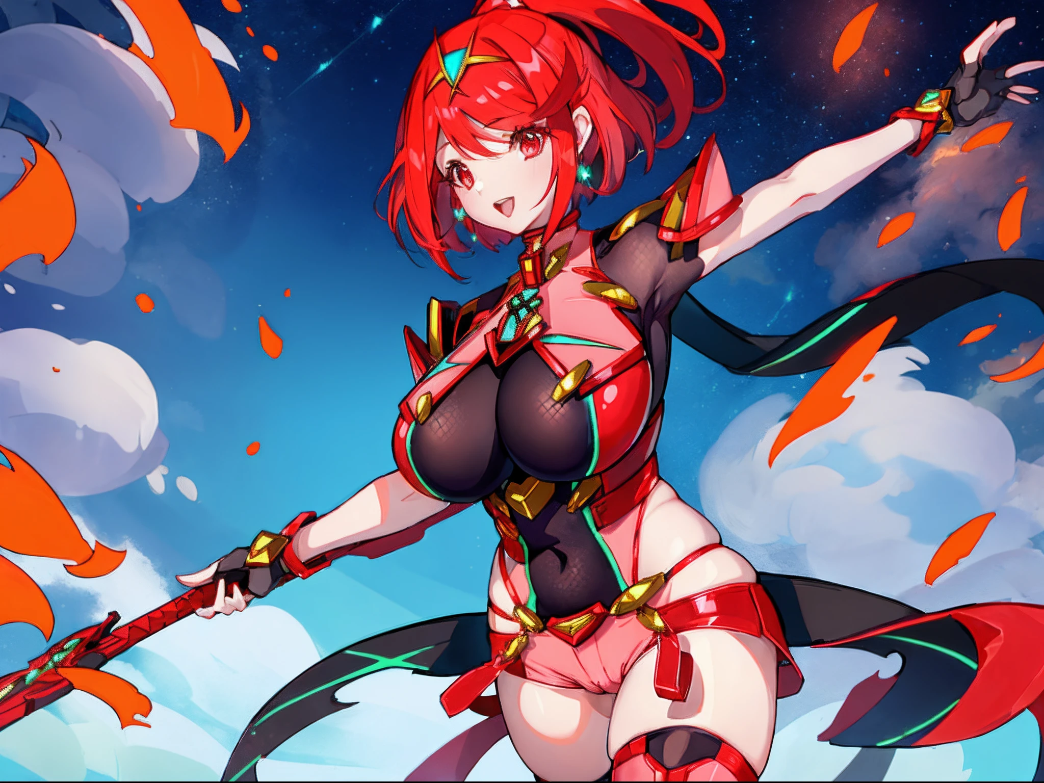 pyra \(xenoblade\), _1girl, lolimor, bangs, black gloves, breasts, red eyes, light_open_mouth, earrings, eyelashes, fingerless gloves, floating hair, framed breasts, gem, gloves, hair ornament, headpiece, jewelry, big_breasts, leaning back, leotard, neon trim, official art, pose, red hair, red shorts, saitou masatsugu, short hair, short shorts, short sleeves, shorts, sidelocks, skin tight, solo, swept bangs, thighhighs, tiara, fantasy_town_background, turtleneck, underbust, vambraces, xenoblade chronicles \(series\), (xenoblade chronicles 2), (spread_legs:1.1), fire_effect,dynamic_pose,fighting,light_smile, (plump:1.4), big_ass,huge_sword, hold_large_sword_hilt, covered_nipples, (covered_pussy:1.2),cameltoe,back_view, fists,ponytail,plump,beautiful_fingers,(solo:1.1)