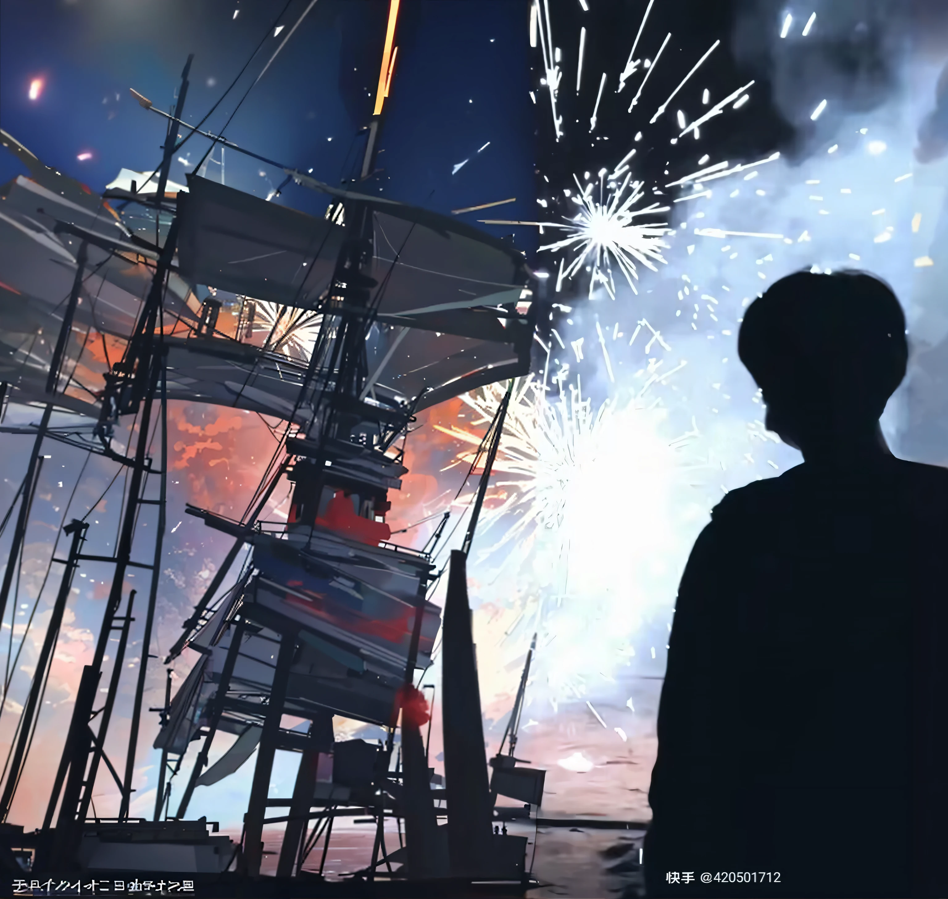 Fireworks are lit over a boat on the water, Fireworks in the background, fire works, still from a music video, Fireworks, fireworks in background, pyrotechnics, explosions in the background, Explosion  in the background, YouTube video screenshots, music video, blasts, video still, [ fireworks in the sky ]!!, explosions in the background