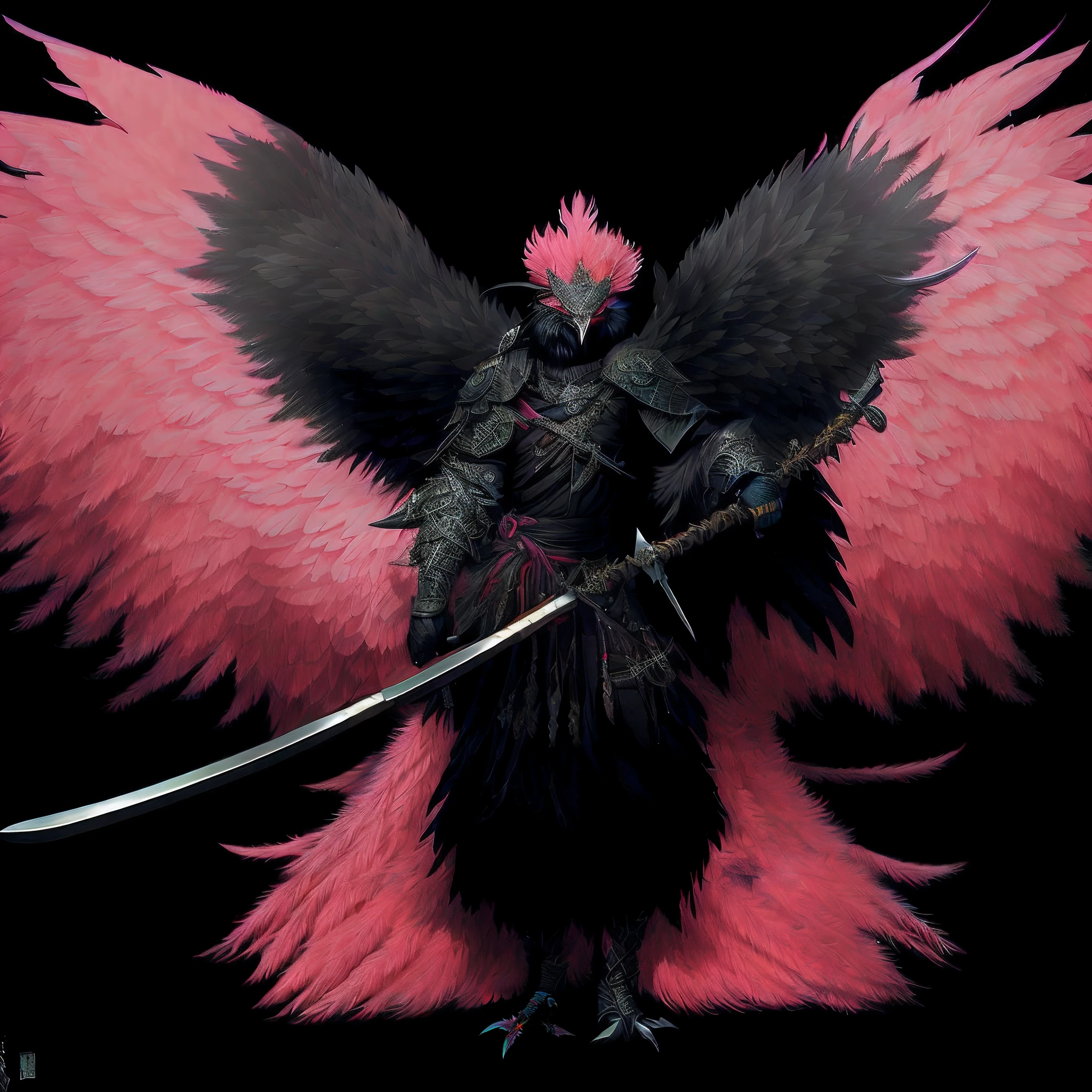 Bird Tengu with pink feathers and a sword in its beak, black demonic Tengu warlord, Modelos de Yasuke 5 0 0 px, avian warrior, masami kurumada, as a badass monster hunter, a phoenix, Pheasant holding a sword, asas de penas escuras, Chega de Heroes Concept Art, Tengu, asas enormes de penas