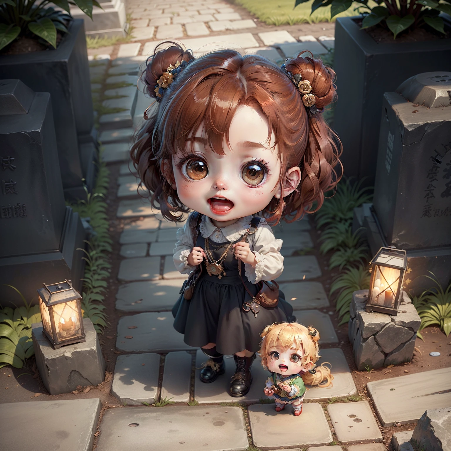 Cute  Chibi Anime,（（（Super masterpiece、top-quality、ultra-detailliert、女の子1人、Chibi Zombie：1.5））、outside of house、Yokohama Foreign Cemetery、A detailed face、Smile with open mouth、a small face、fullllbody、（Chibi：1.4）、8ｋ