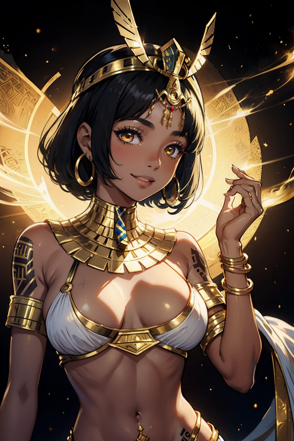 egyptian girl, black skin, egyptian hair, Cleopatra's hair, short hairstyle, black hair, golden diadem on head, white egyptian clothes, empretress clothes, golden palace, golden smoke, smoke getting out of hand, tattooed body,, , Smiling in an oasis, 4k