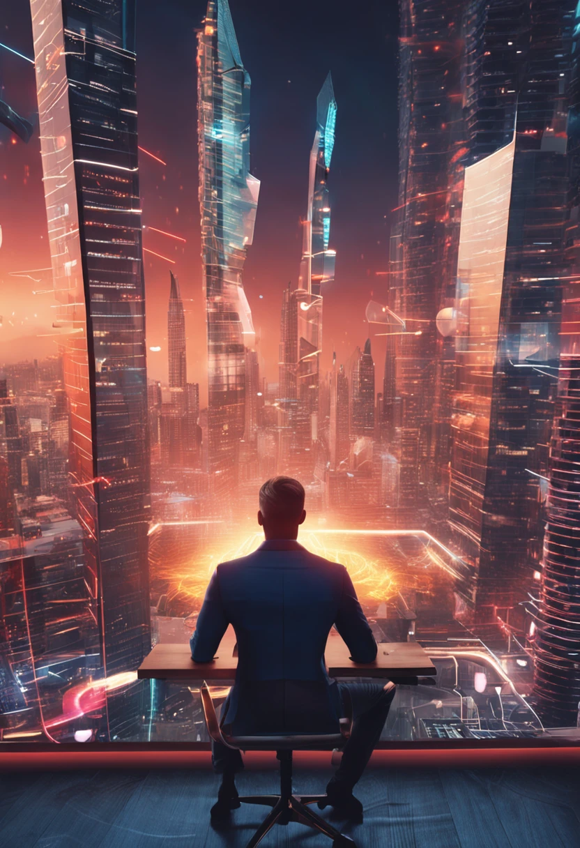Entrepreneur analyzing the company's financial balance working with digital augmented reality graphics. The entrepreneur calculates financial data for long-term investments