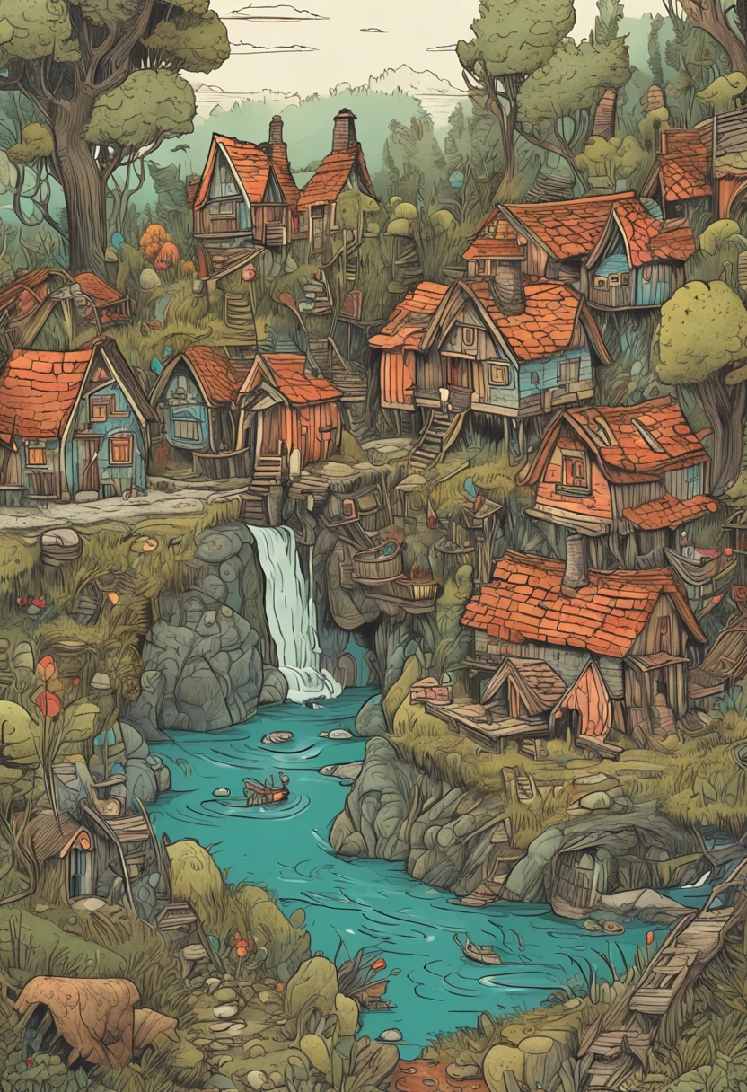 Detailed and Intricicated, bioluminicense, A dwarf village deep in the forest, Picture book illustrations, Italy, In the woods、There are a lot of small houses