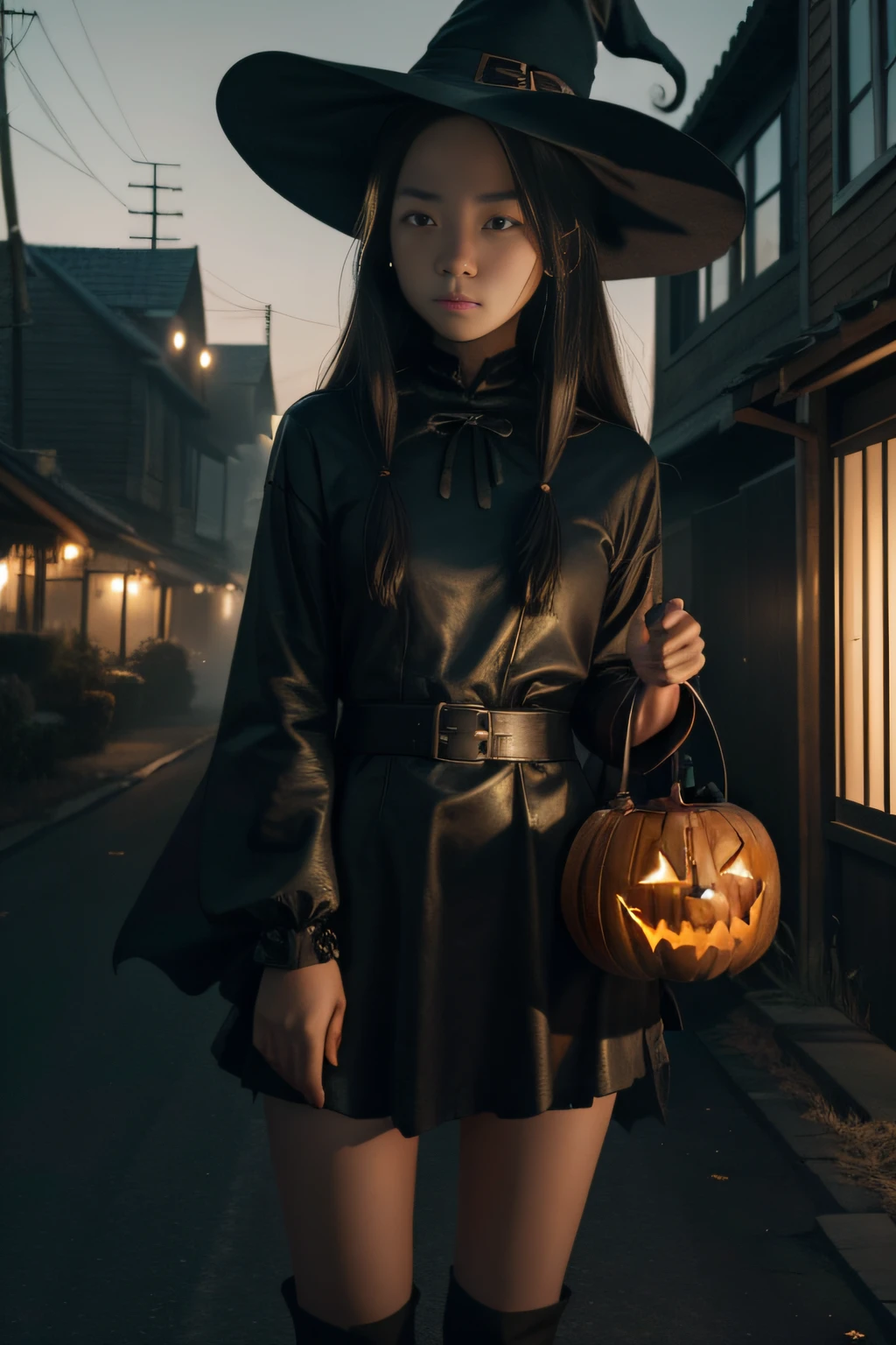 1 girl, young, 16 years old, Asian, full body from head to toe, realistic, realistic face, worried, looking at viewer, side lighting, desktop wallpaper, spooky Halloween buildings in background, witch outfit, earth earth, outside, hold a pumpkin in one hand, a broom in the other hand, Ghosts coming out of buildings,