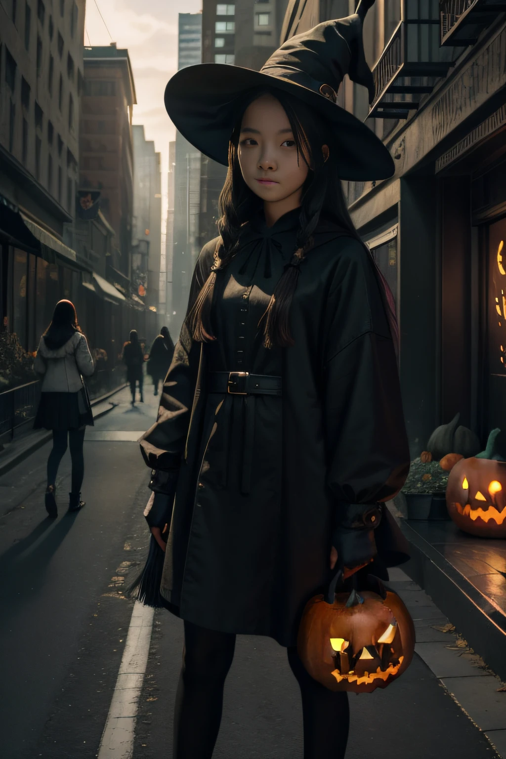 Ultra detailed, (Masterpiece:1.7), ((1girll)), Super detailed face, Detailed eyes, 二重まぶた, Slim Faces, shiny skins, nice leg line, (((Stand upright))), Wizard robes, Wizard's Hat, denim short, ((Halloween lantern in hand)), ((ssmile)), (32K:1.2), (upscaled:1.2), ((Best quality)), (Intricate details), (High contrast), All-encompassing intricacies, (Halloween late night), Mysterious and dark old street, octane, Moebius, gorgeous posture, art  stations, concept-art, Ambient, 8K resolution, Unreal Engine 5, rendering by octane, , (Detailed shadows), (Detailed lighting), , (dark shot:0.8), (Intricate details:1.0), (Intricate details, ultra - detailed:1.15), hdr, (At night:1.2), Atmospheric, Heavy fog, Dramaticlight, Cinematic, Sweet, Fantastic Big Eyes, Detailed face, dark western, Boots, analogue style, ShindoL