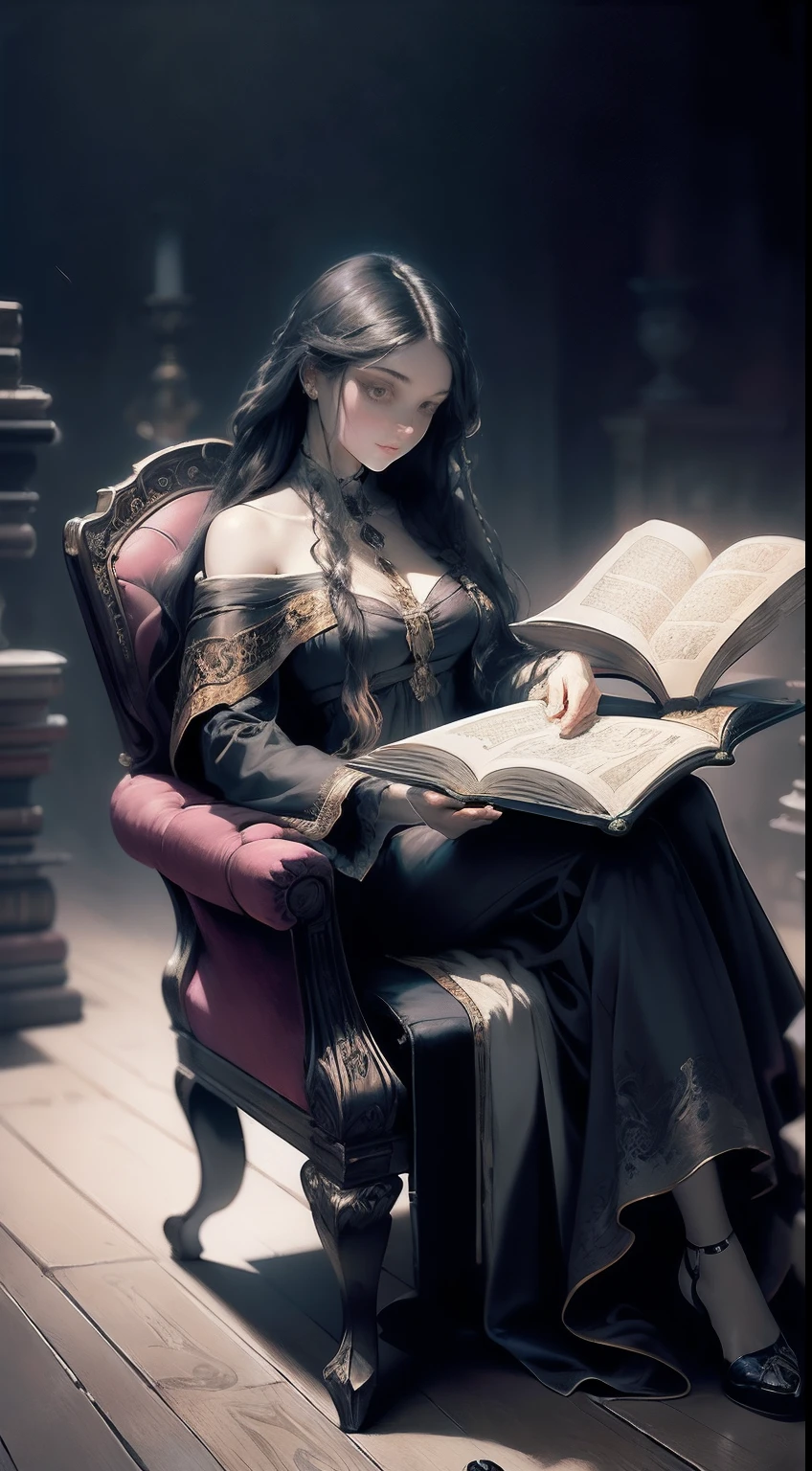 Oil painting of a long-haired young woman in a velvet dressing gown sitting on a high wingback chair reading a large book, In the Gothic library, Gloomy dramatic lighting, Deep shadows, Classic color palette, Ultra detailed, elegant, fine art, Evocative,Gustave Moreau, Sargent, Alphonse Mucha, abstract expressionism