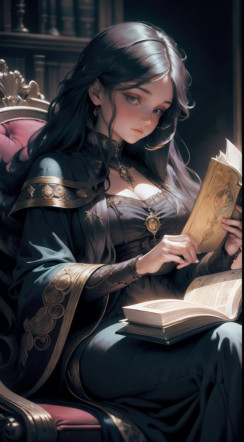 Oil painting of a long-haired young woman in a velvet dressing gown sitting on a high wingback chair reading a large book, In the Gothic library, Gloomy dramatic lighting, Deep shadows, Classic color palette, Ultra detailed, elegant, fine art, Evocative,Gustave Moreau, Sargent, Alphonse Mucha, abstract expressionism