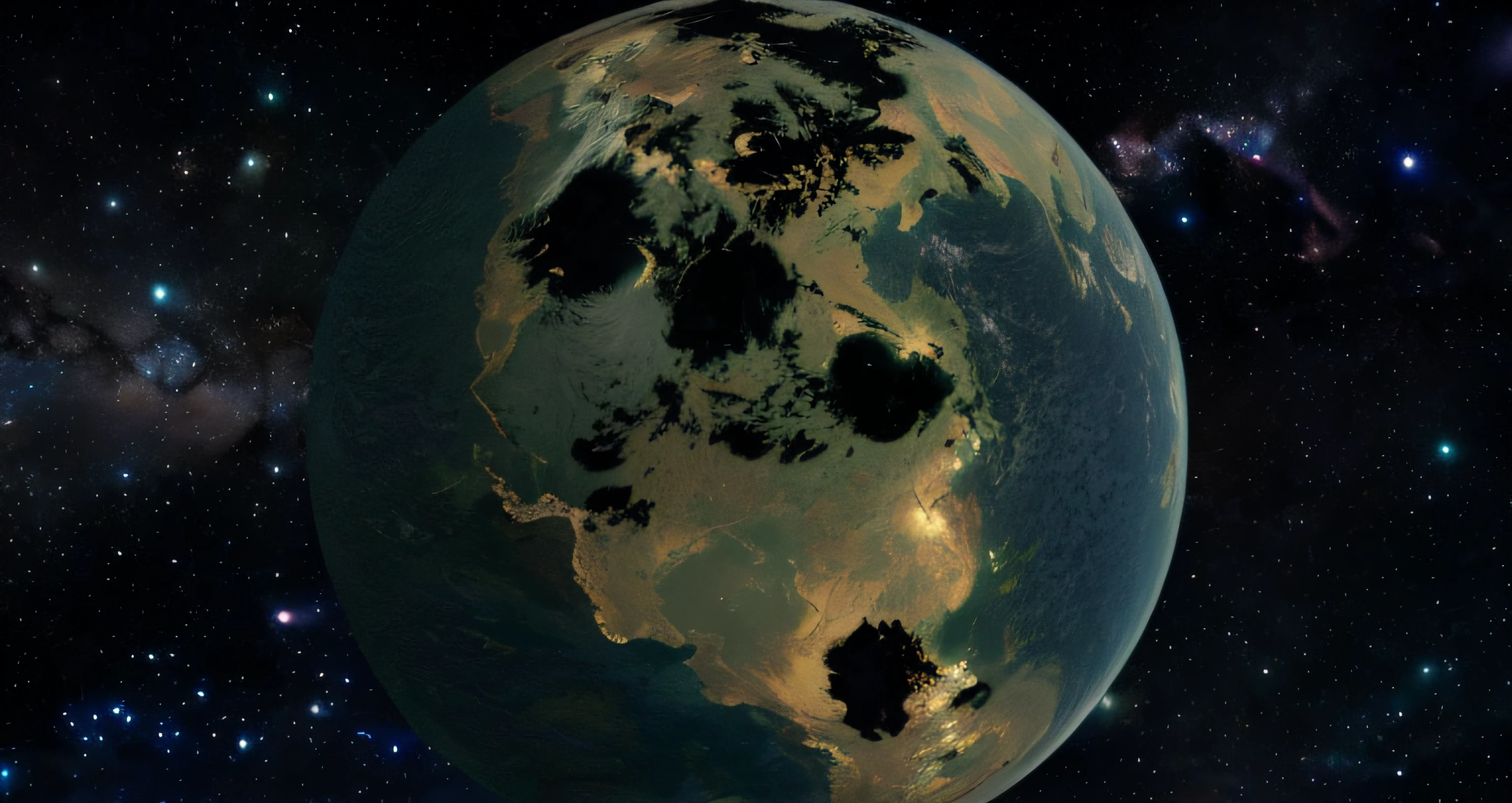 um close up de um planeta com muitas estrelas ao fundo, destroyed planet, circular planet behind it, Marte Terraformado, com a terra ao fundo, looming over earth in space, paisagem do planeta, Terragen, planeta circular, planeta coberto, pairando sobre a terra, terra no fundo, post-apocalyptic earth, Planeta grande no fundo