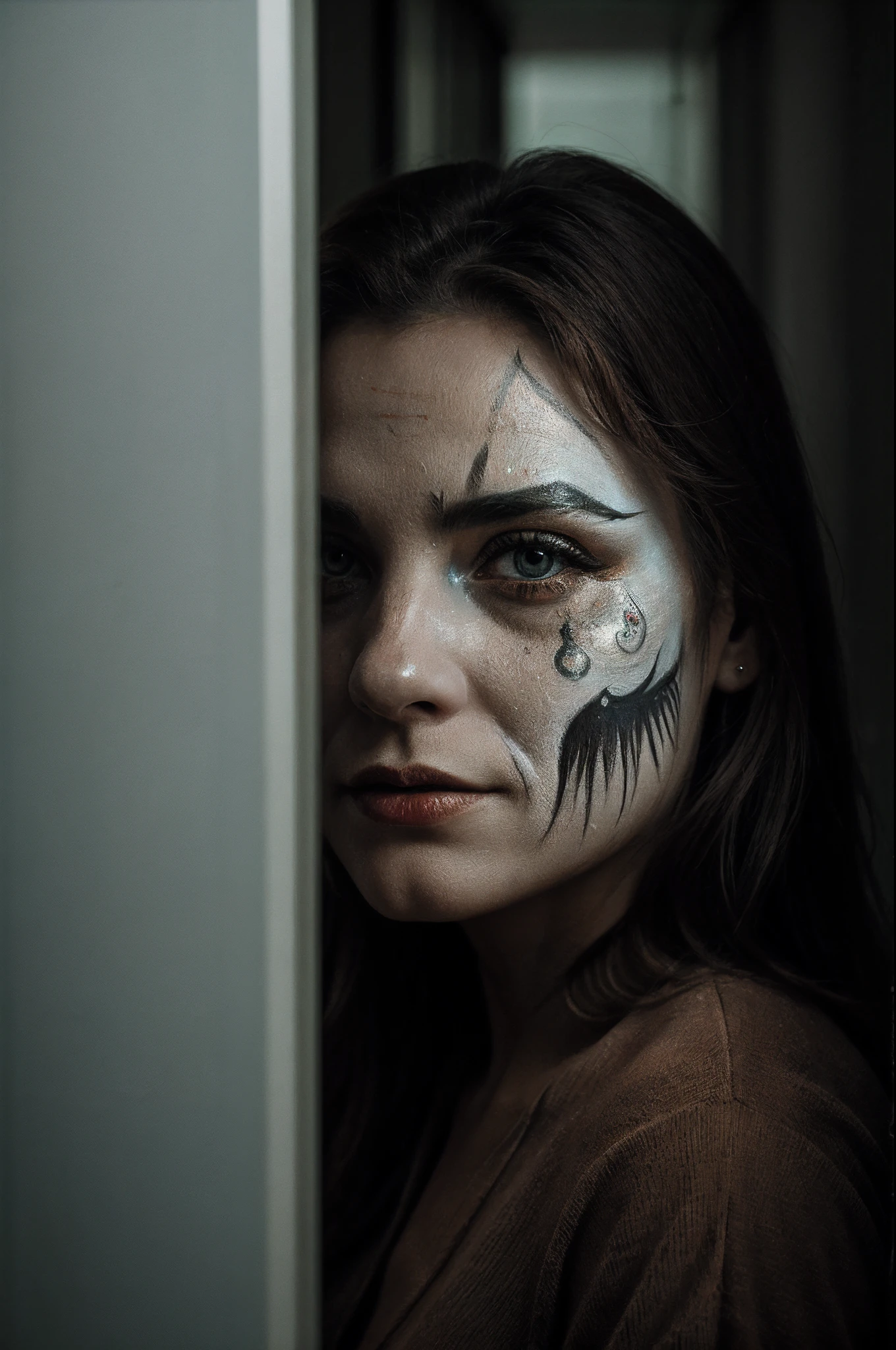 close up of a ghost woman character in a corridor, pr3y style, dark film scene dark, atmospheric lighting, soft, realistic, tribal face painting