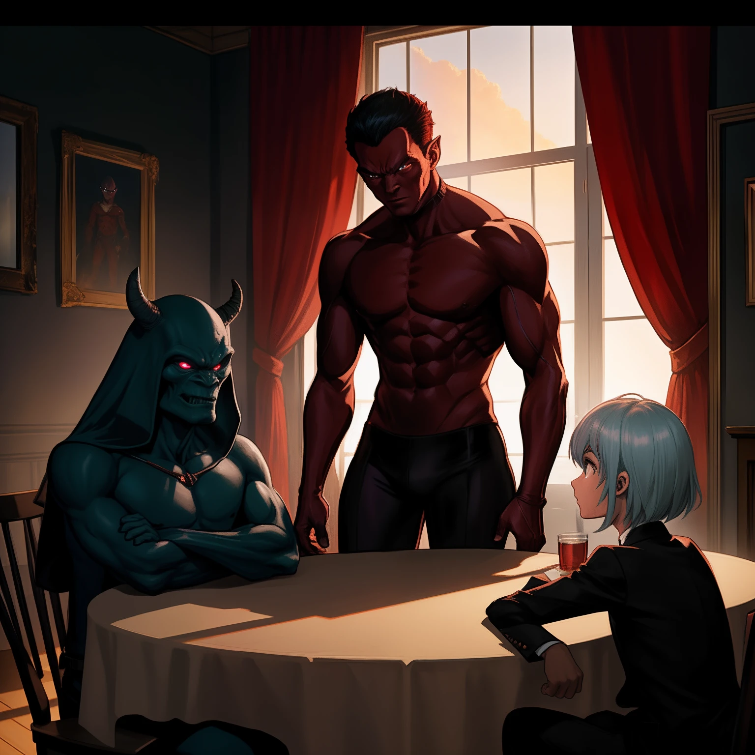 Inside the room with the red sunset lighting, A young earthling man wearing black suits and an alien like Ogre sit opposite each other across a low table