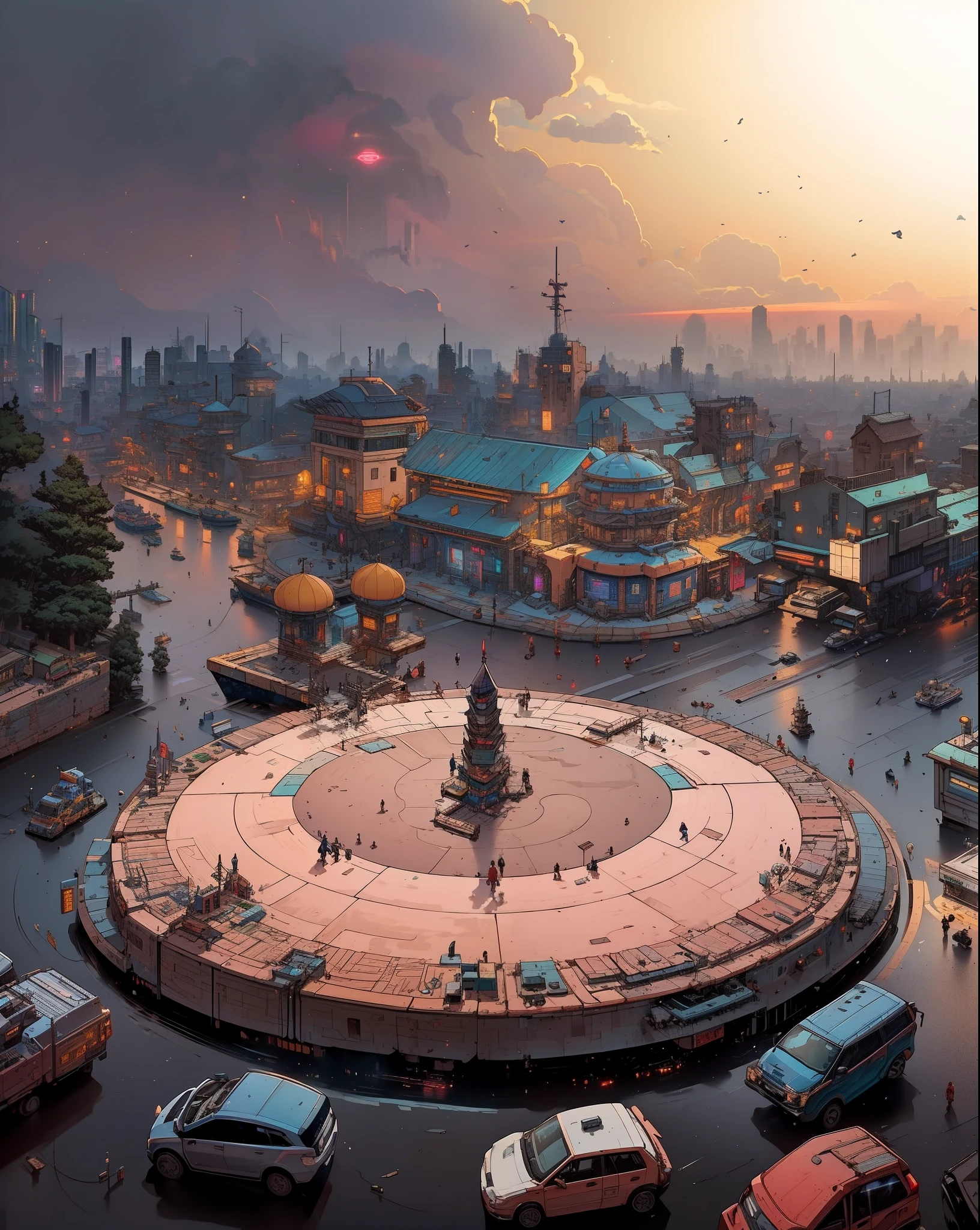 ((Best quality)), ((masterpiece)), (highly detailed:1.3), 3D,(Isometric:1.4),No Humans,StackedCityAI, Welcome to NeoCircuit, a sprawling megacity where neon-lit skyscrapers pierce the night sky and luminescent circuitry weaves through every facet of life. In this isometric cyberpunk metropolis, where reality intertwines with the digital realm, you find yourself at the heart of a thrilling conspiracy.As you navigate the dizzying streets, your eyes are drawn to the mesmerizing glow of the elevated data highways that crisscross the cityscape. Streams of vibrant light pulse with information, connecting the denizens of NeoCircuit to a world of limitless possibilities. The isometric view reveals the city's intricate layers, showcasing the bustling streets, towering arcologies, and clandestine alleyways that hide both secrets and opportunities.But within this neon-lit labyrinth, something sinister lurks in the shadows. The city's power brokers, elusive hackers, and corrupt corporations vie for control, employing advanced technology to manipulate the city's inhabitants. A powerful AI, known as the Oracle, pulls the strings from the depths of cyberspace, its true intentions veiled in enigma.You, an unlikely protagonist, possess unique skills that make you a target and a potential savior. Equipped with a cutting-edge neural implant and augmented reality interface, you possess the ability to unravel the city's mysteries and expose the truth behind NeoCircuit's dark underbelly. The isometric perspective captures the city's sprawling complexity, offering glimpses into hidden corners and secret hideouts, each holding clues to the grand puzzle that awaits.As you delve deeper into the neon-drenched underworld, you encounter a diverse cast of characters, each with their own motivations and agendas. Street-level hackers, rogue operatives, and enigmatic rebels become your allies and adversaries in this high-stakes game of survival. The isometric view allows you to strategize your ever