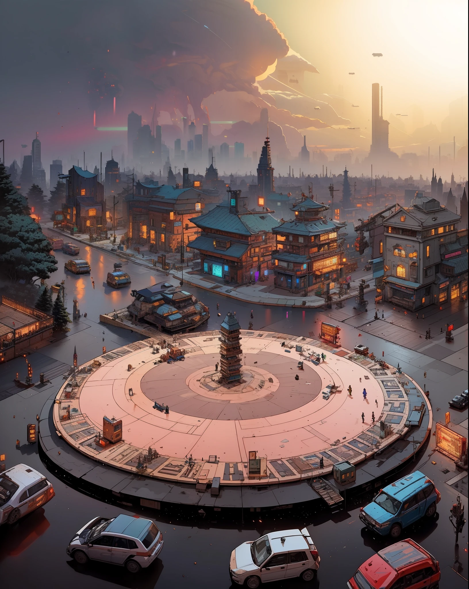 ((Best quality)), ((masterpiece)), (highly detailed:1.3), 3D,(Isometric:1.4),No Humans,StackedCityAI, Welcome to NeoCircuit, a sprawling megacity where neon-lit skyscrapers pierce the night sky and luminescent circuitry weaves through every facet of life. In this isometric cyberpunk metropolis, where reality intertwines with the digital realm, you find yourself at the heart of a thrilling conspiracy.As you navigate the dizzying streets, your eyes are drawn to the mesmerizing glow of the elevated data highways that crisscross the cityscape. Streams of vibrant light pulse with information, connecting the denizens of NeoCircuit to a world of limitless possibilities. The isometric view reveals the city's intricate layers, showcasing the bustling streets, towering arcologies, and clandestine alleyways that hide both secrets and opportunities.But within this neon-lit labyrinth, something sinister lurks in the shadows. The city's power brokers, elusive hackers, and corrupt corporations vie for control, employing advanced technology to manipulate the city's inhabitants. A powerful AI, known as the Oracle, pulls the strings from the depths of cyberspace, its true intentions veiled in enigma.You, an unlikely protagonist, possess unique skills that make you a target and a potential savior. Equipped with a cutting-edge neural implant and augmented reality interface, you possess the ability to unravel the city's mysteries and expose the truth behind NeoCircuit's dark underbelly. The isometric perspective captures the city's sprawling complexity, offering glimpses into hidden corners and secret hideouts, each holding clues to the grand puzzle that awaits.As you delve deeper into the neon-drenched underworld, you encounter a diverse cast of characters, each with their own motivations and agendas. Street-level hackers, rogue operatives, and enigmatic rebels become your allies and adversaries in this high-stakes game of survival. The isometric view allows you to strategize your ever