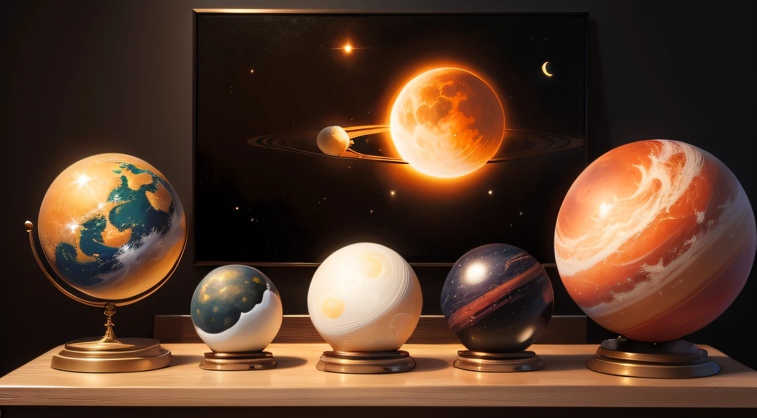 sun, moon, planets, oil painting
