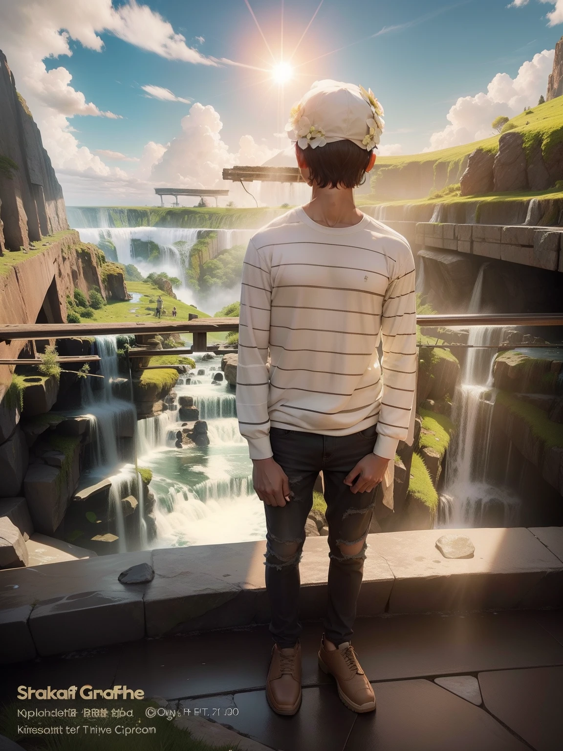 Change background waterfall and sun clouds change the rock into grass flowers