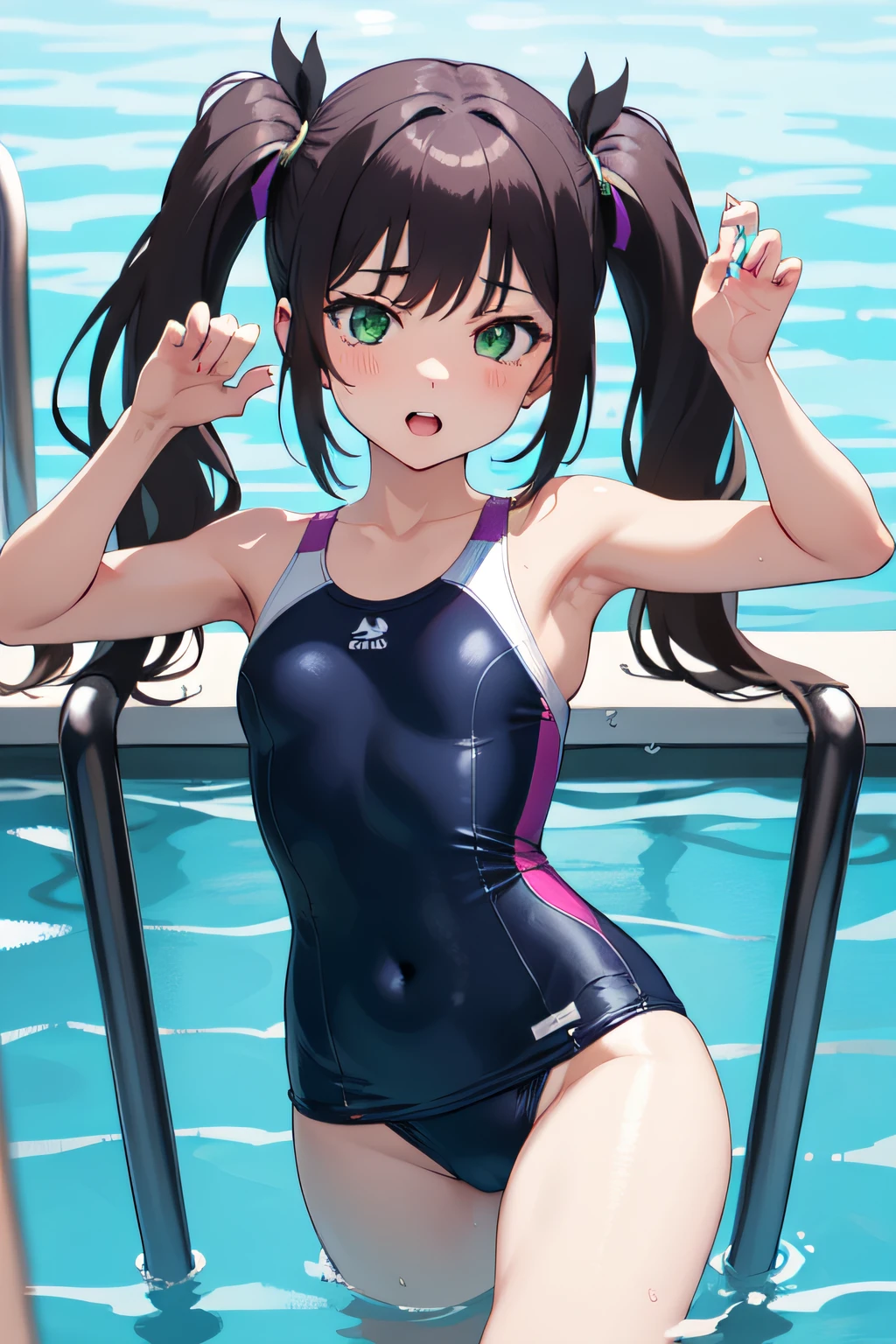 hot anime girl in a half body swimsuit, small tits, flat, ta, green eyes, purple long hair with twintails and a fringe with three clips on the left and two on the right, hot posing, smooth body, high detail skin, your hands holding the swimsuit with her tits exposed, swimming pool background, pov,