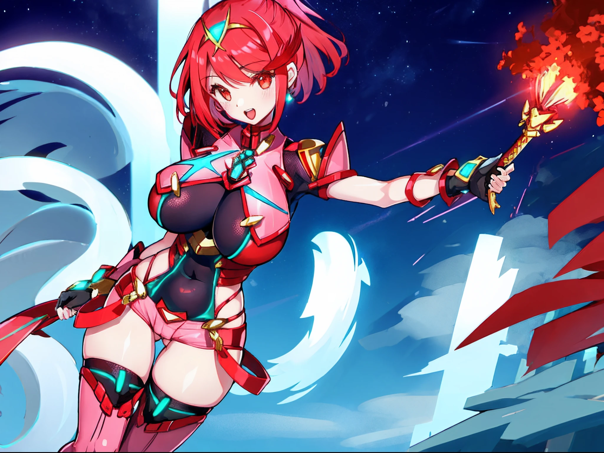 pyra \(xenoblade\), _1girl, loliarmor, bangs, black gloves, breasts, red eyes, light_open_mouth, earrings, eyelashes, fingerless gloves, floating hair, framed breasts, gem, gloves, hair ornament, headpiece, jewelry, big_breasts, leaning back, leotard, neon trim, official art, pose, red hair, red shorts, saitou masatsugu, short hair, short shorts, short sleeves, shorts, sidelocks, skin tight, solo, swept bangs, thighhighs, tiara, fantasy_town_background, turtleneck, underbust, vambraces, xenoblade chronicles \(series\), (xenoblade chronicles 2), (spread_legs:1.1), fire_effect,dynamic_pose,fighting,light_smile, (plump:1.4), big_ass,huge_sword, hold_large_sword_hilt, covered_nipples, (covered_pussy:1.2),cameltoe,back_view, fists,ponytail,plump,beautiful_fingers,(solo:1.1)