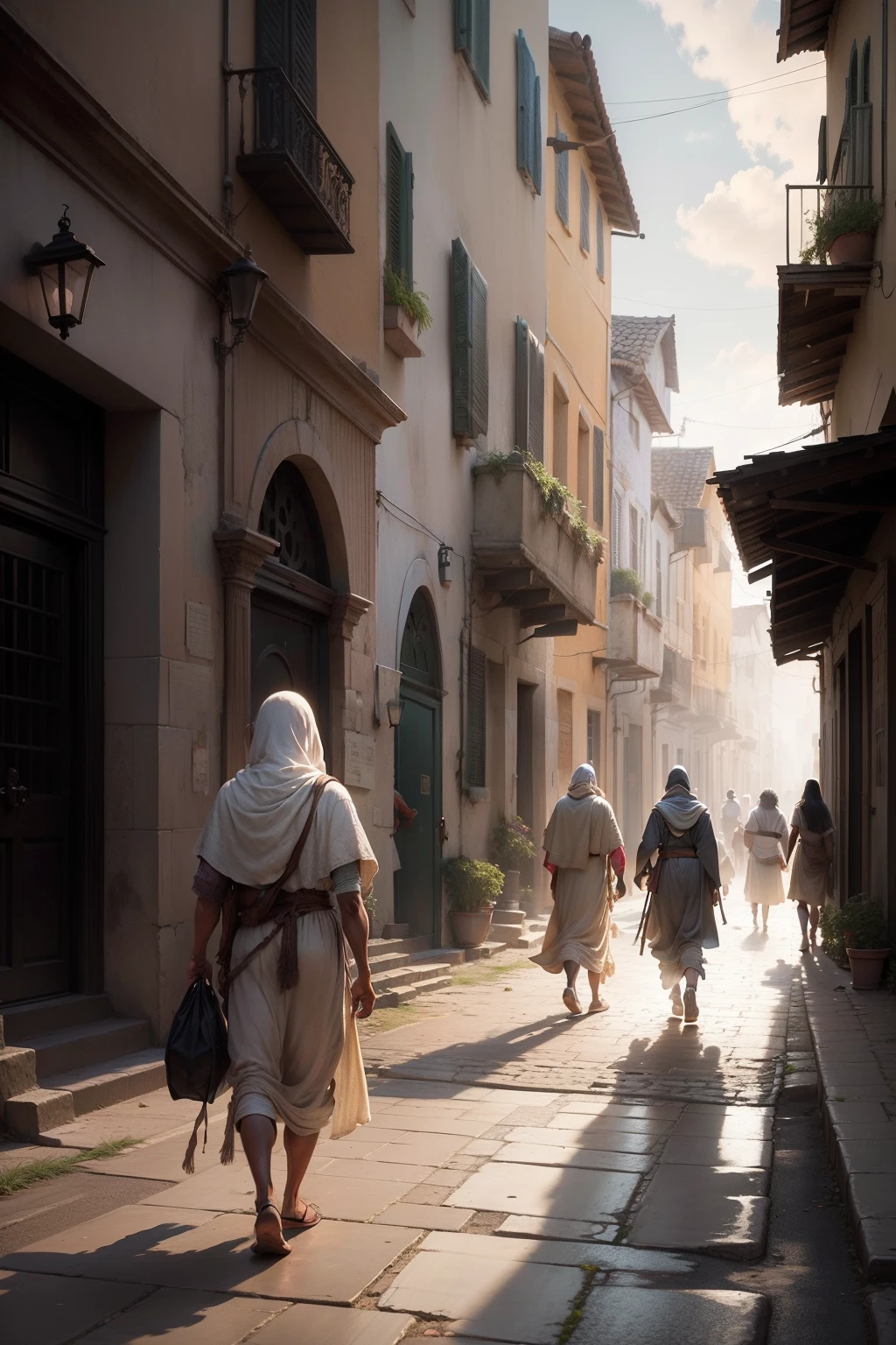 Create an image of many poor people walking down a street in a setting that depicts life some 3000 years before Christ .,,