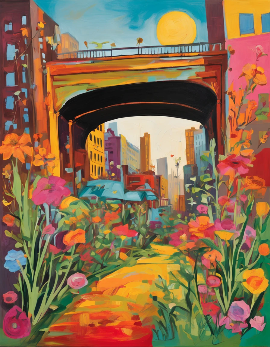an illustration of a bridge and the city with lots of flowers, in the style of vivid comic book artist, the new york school, robert munsch, conceptual street art, cinestill 50d, naturalistic depictions of flora and fauna, playful cartoons