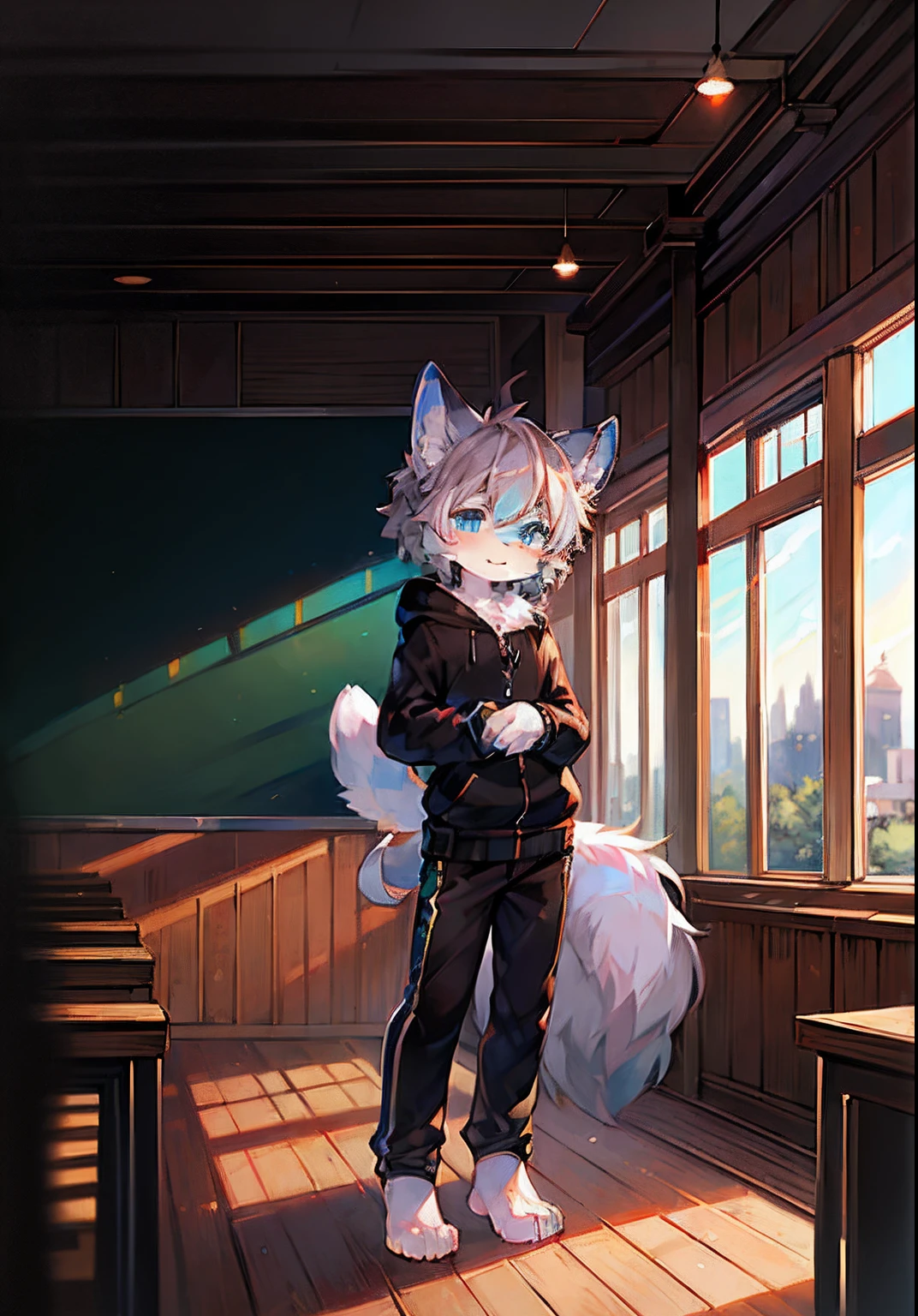 (ambiente dark:0.8),Masterpiece,High quality,abstract res,Digital painting\(artwork of a\), by Dagasi, Yupa,Kiyosan,(anthro,Fluffy fur,Character focus:1.1),anthro male cat,Short hair,Portrait , eyes with brightness, in a panoramic view, Character focus.(detailedbackground:0.7), 独奏, shaggy, shaggy male, malefocus, anthr,(Full Body Furry, Fluffy tail, White fur, blue color eyes, Gray hair:1.2), (long canines、Vampires、Black sweatshirt、Black pantsuit:1.2),(interiors、early evening、Classroom、classroom desk:1.1)
