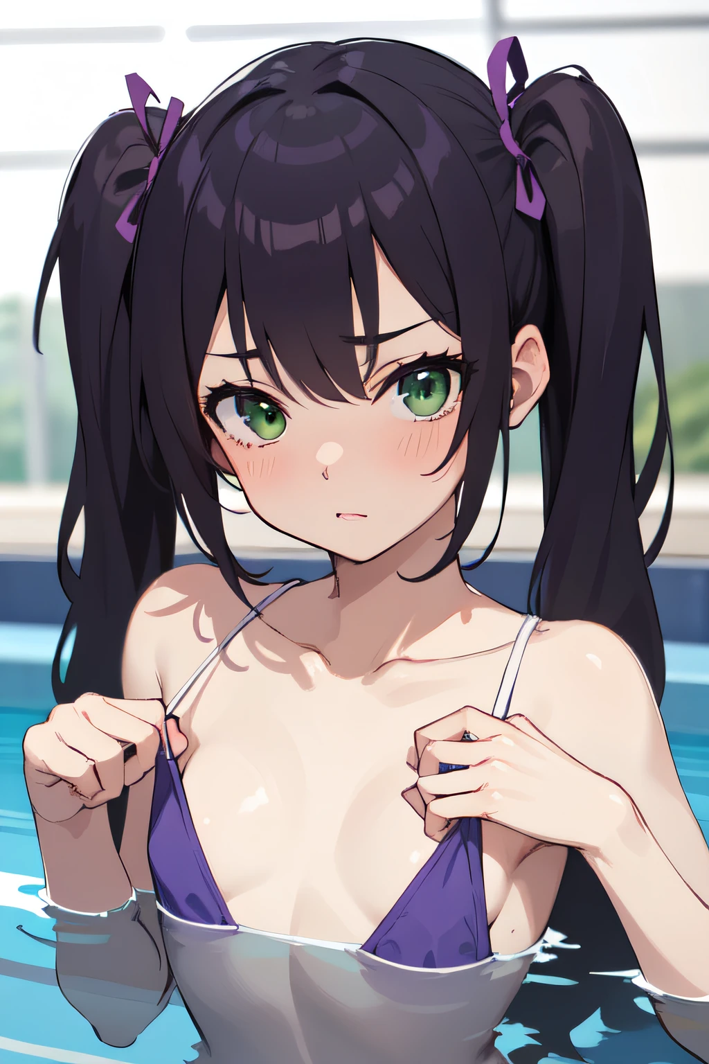 hot anime girl with not brassiere, small tits, flat, lolita, green eyes, purple long hair with twintails and a fringe with three clips on the left and two on the right, hot posing, smooth body, high detail skin, your hands covering her breasts, swimming pool background, pov, embarrassed look
