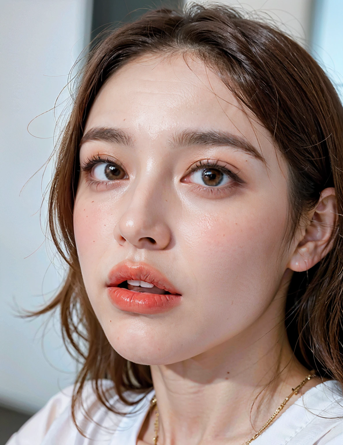 there is a woman with a white shirt and a necklace on, Retrato Sophie Mudd, close up no rosto, rosto detalhado e perfeito, detailed flawless face, foto de closeup do rosto, fechar o rosto, close - para cima no rosto, rosto completo close up retrato, close up do rosto, full - rosto close - retrato para cima, close up retrato do rosto, with the tongue large saliva.