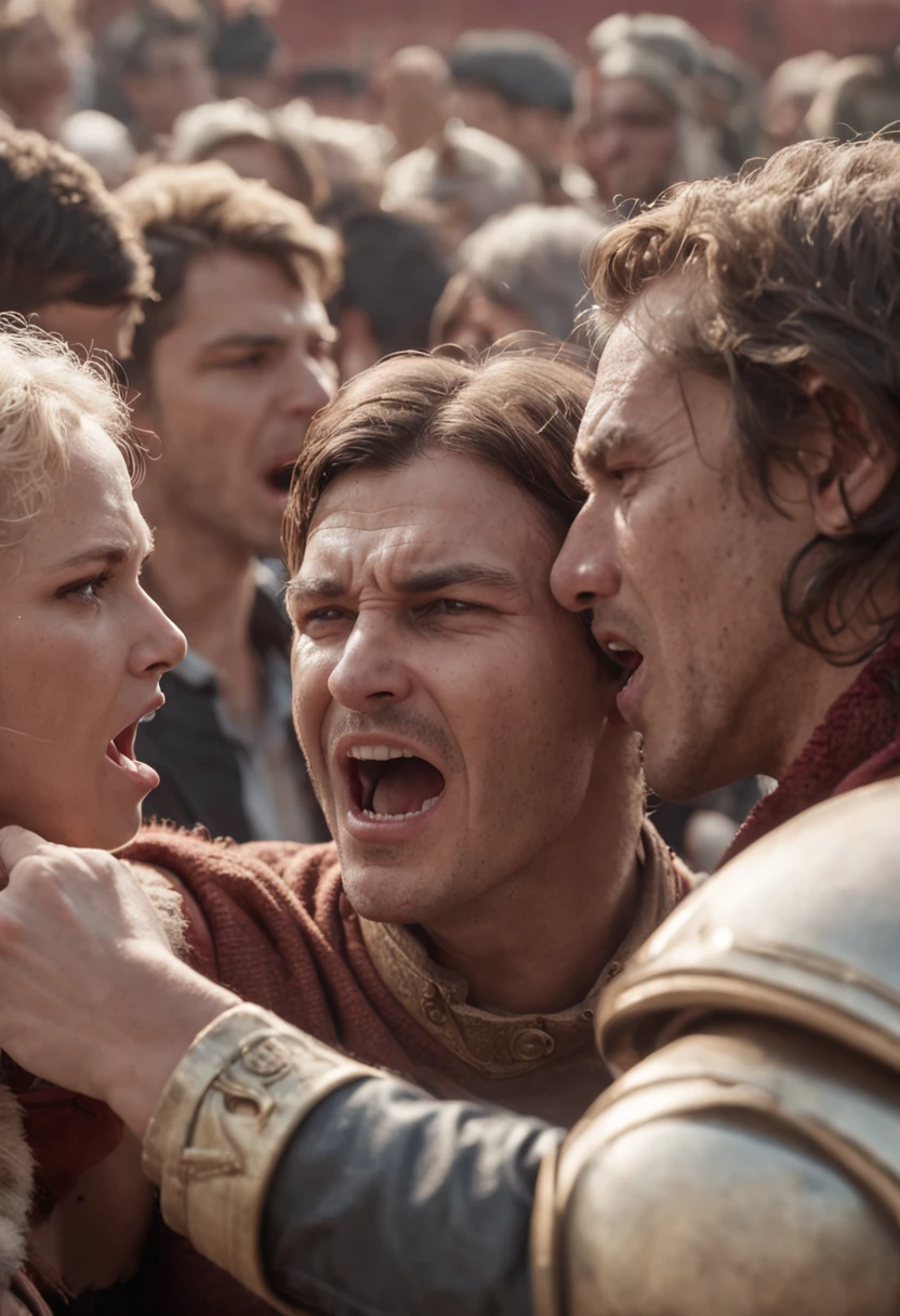Create an image depicting a tense moment within the stands of the Circus Maximus. Show fans from the rival factions engaged in heated arguments, capturing their intense emotions and the brewing conflict in the crowd. 8 k artistic photography, photorealistic, cinematic perfect light,award - winning photograph