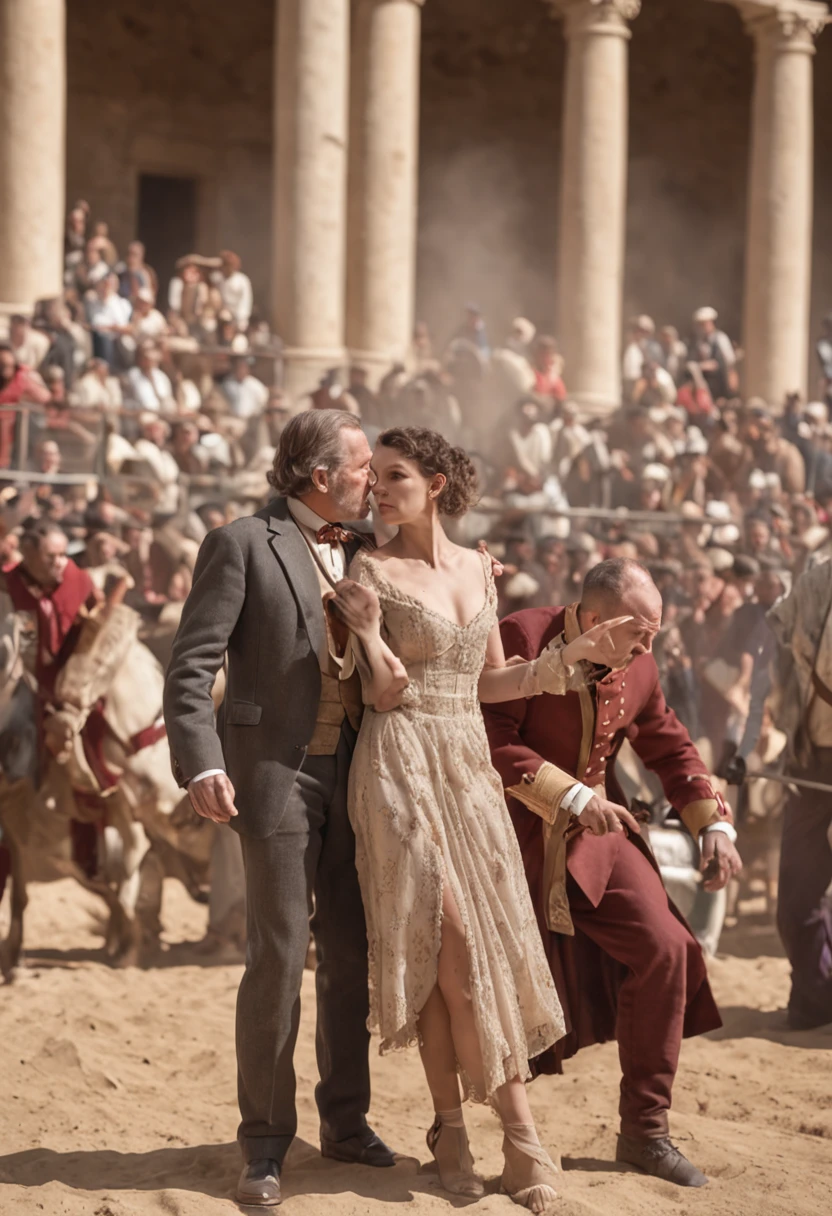 Create an image depicting a tense moment within the stands of the Circus Maximus. Show fans from the rival factions engaged in heated arguments, capturing their intense emotions and the brewing conflict in the crowd. 8 k artistic photography, photorealistic, cinematic perfect light,award - winning photograph