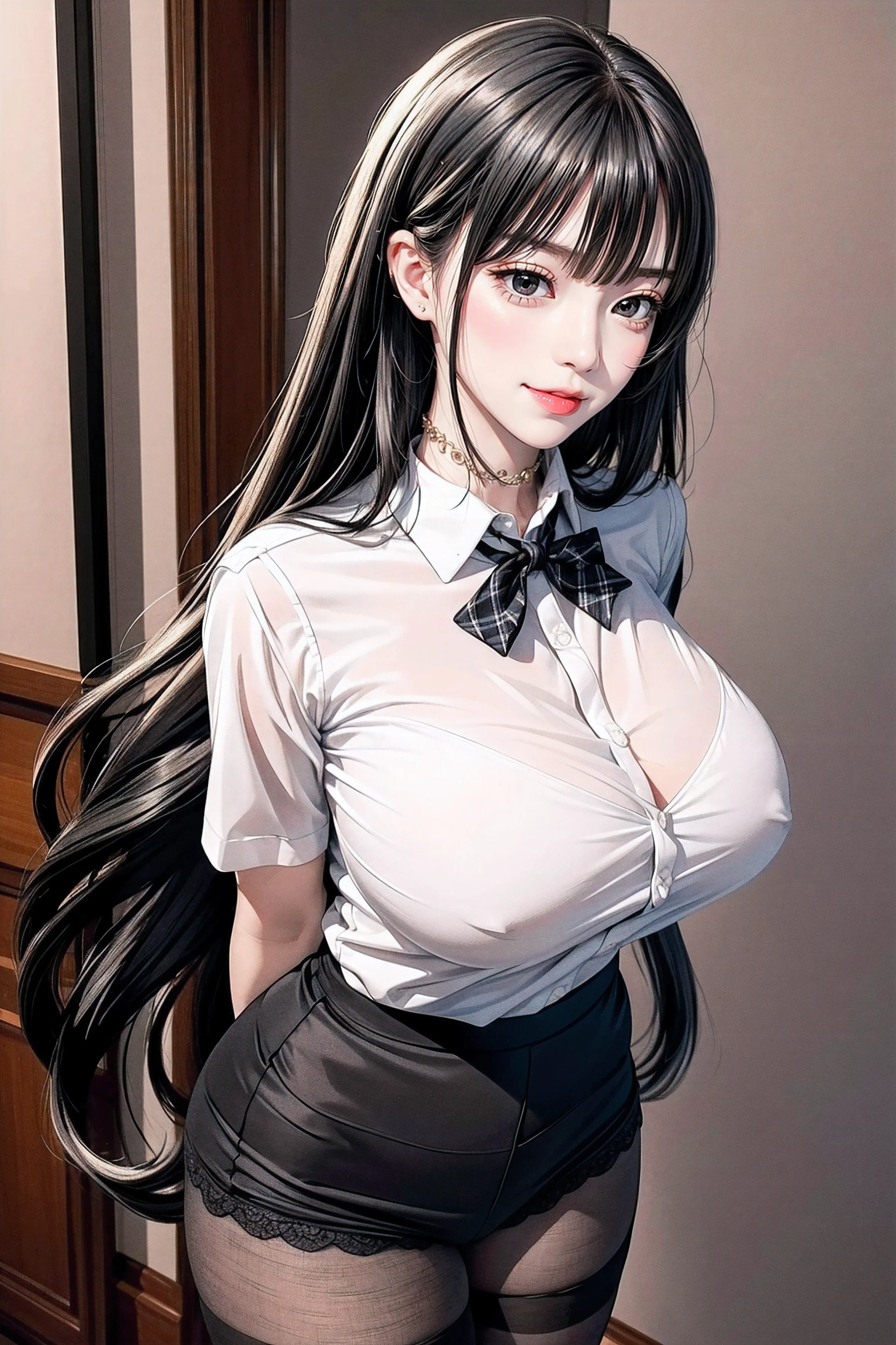Uniforms made of hair,ulzzang -6500-v1.1,(Raw foto:1.2),((Photorealsitic:1.4)),top-quality,masterpiece, illustratio,{(Extremely delicate and beautiful:2.0):2.0}, extremely details CG ,Unity,{(8K Wallpaper:2.0)}, astonishing、finely detail, Official art,the Extremely Detailed CG Unity 8K Wallpapers,absurderes, incredibly absurdness, huge filesize, ultra-detailliert, hight resolution, a beautiful detailed girl, extremely detailed eye and face, beatiful detailed eyes,Facial light,(((😃))),{(thighs thighs thighs thighs)}, {(Full body))} ((thighband pantyhose, thighs thighs thighs thighs))
,(((Straight bangs:))),(((Very long black hair, Ridiculously long black hair:1.1))),Long black hair like a stream of water, Lustrous black hair all over the back, Black hair shiny like silk thread, Long black hair shining like jewels, black hair with wet feathers, 1girl in, (blush)+, lightsmile, School uniform, Short sleeves, Narrowed eyes, (upward-eyed)1.1, Backlight, Bokeh, (the see-through white shirt), bowtie,(((Long breasts, Huge breasts, Super breasts))), plaid skirts, White panties, ,a beauty girl, blush, Seductive smile,Insane details and very detailed, Huge lower eyelid. masutepiece, of the highest quality, Ultra high definition, max resolution, Very detailed, Clean skin,