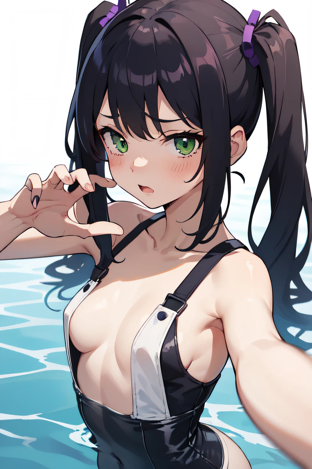 hot anime braless girl covering her boobs with her hands, small tits, flat, ta, green eyes, purple long hair with twintails and a fringe with three clips on the left and two on the right, hot posing, smooth body, high detail skin, your hands covering her breasts, swimming pool background, pov, embarrassed look